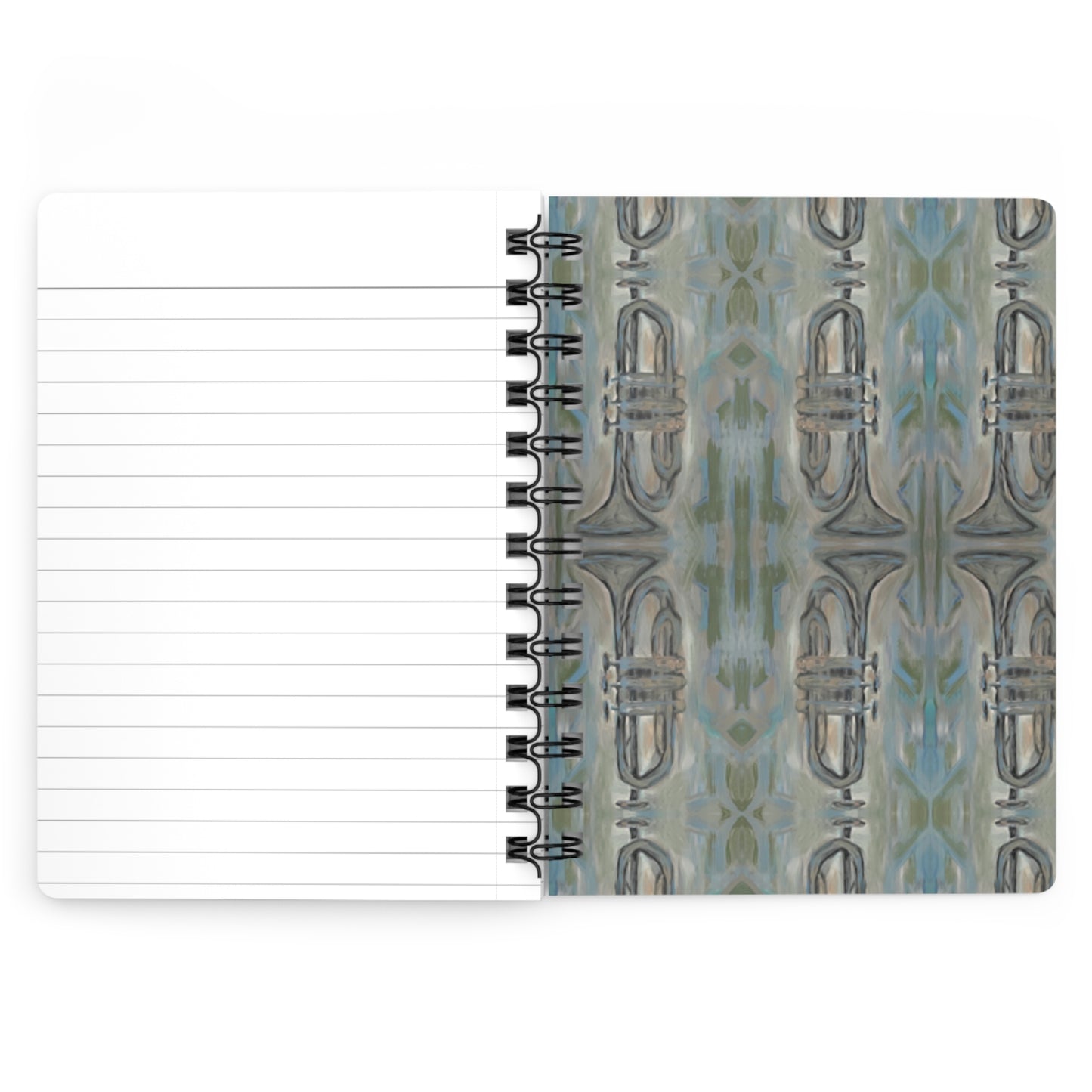 Notes from the Trumpet! Write down your dreams in style in our spiral-bound journal featuring "Tin Roof Blues". Our notebooks feature a durable thick gloss laminated protective cover, with pattern repeat created from the original artwork on the inside front and back covers. Made in the USA! Journal comes in 5x7 size with 150 pages of lined paper with preforated eadge for easy tear removal! .: Front, back and inside cover print .: 150 lined pages (75 sheets) .: Glossy laminated cover