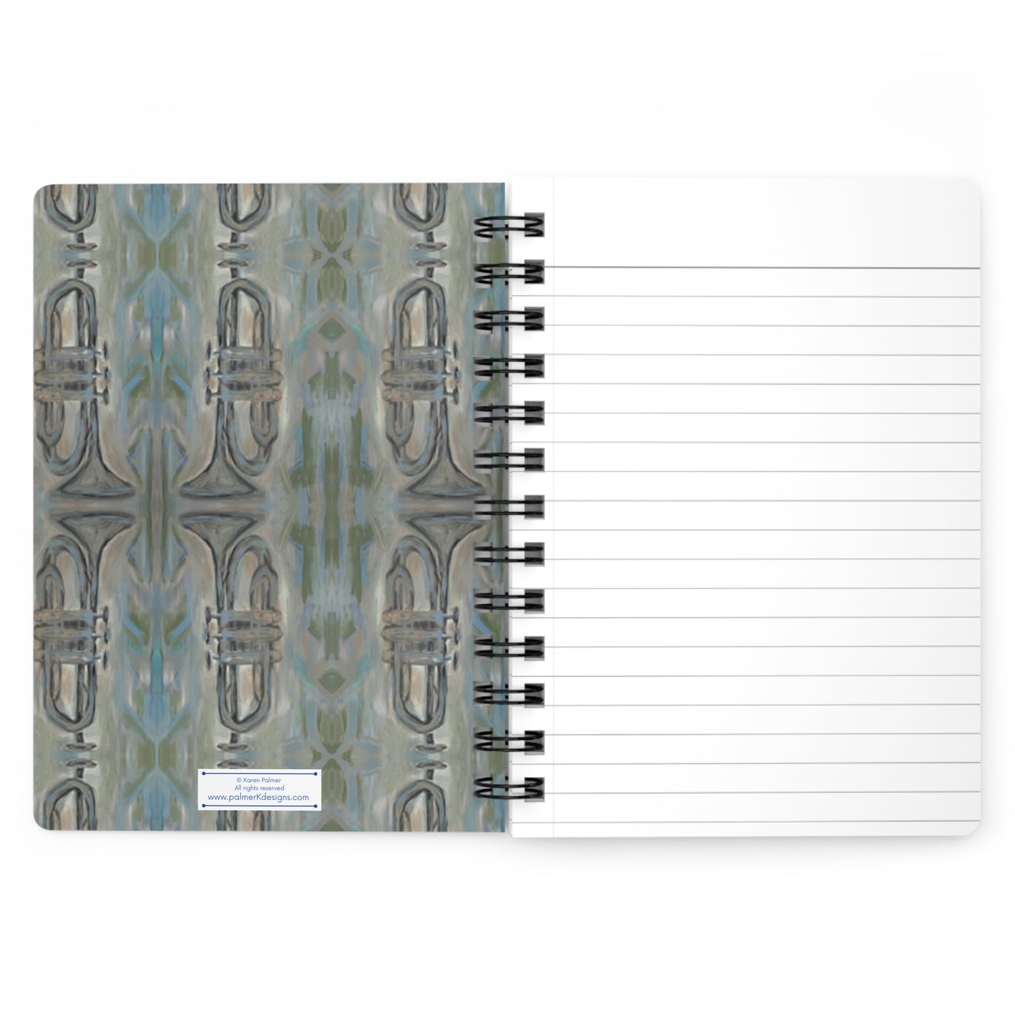 Notes from the Trumpet! Write down your dreams in style in our spiral-bound journal featuring "Tin Roof Blues". Our notebooks feature a durable thick gloss laminated protective cover, with pattern repeat created from the original artwork on the inside front and back covers. Made in the USA! Journal comes in 5x7 size with 150 pages of lined paper with preforated eadge for easy tear removal! .: Front, back and inside cover print .: 150 lined pages (75 sheets) .: Glossy laminated cover