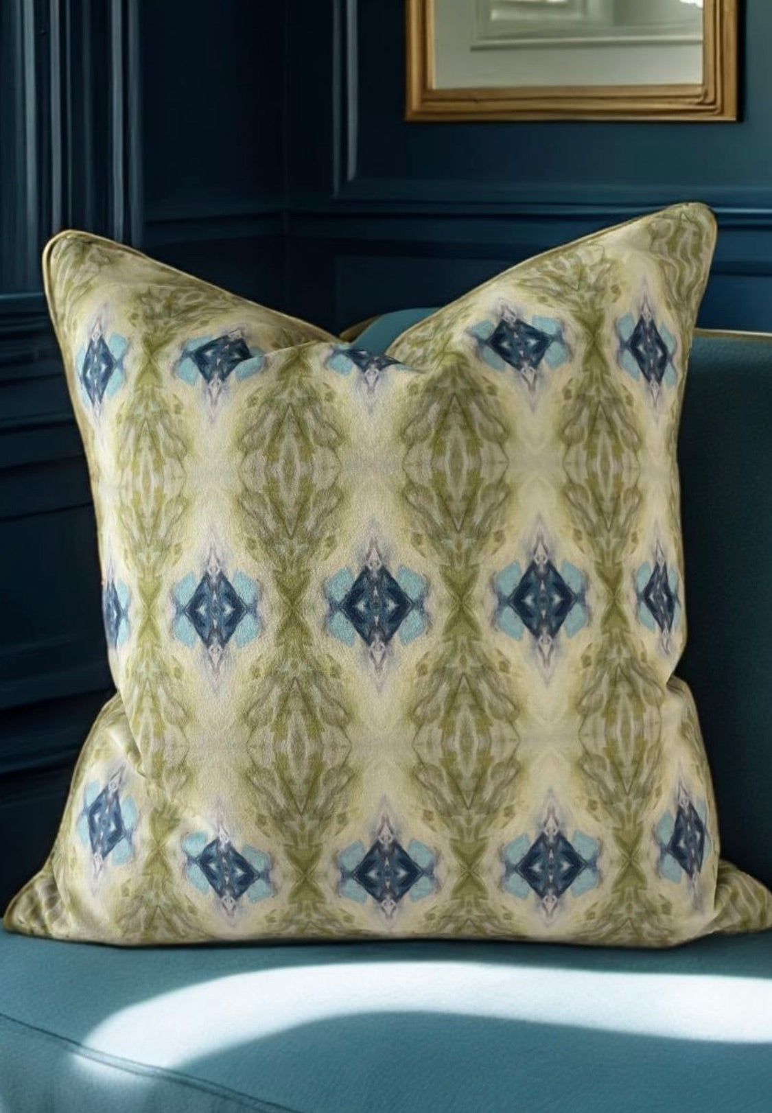 Decorative pillow with geometric pattern on a blue sofa