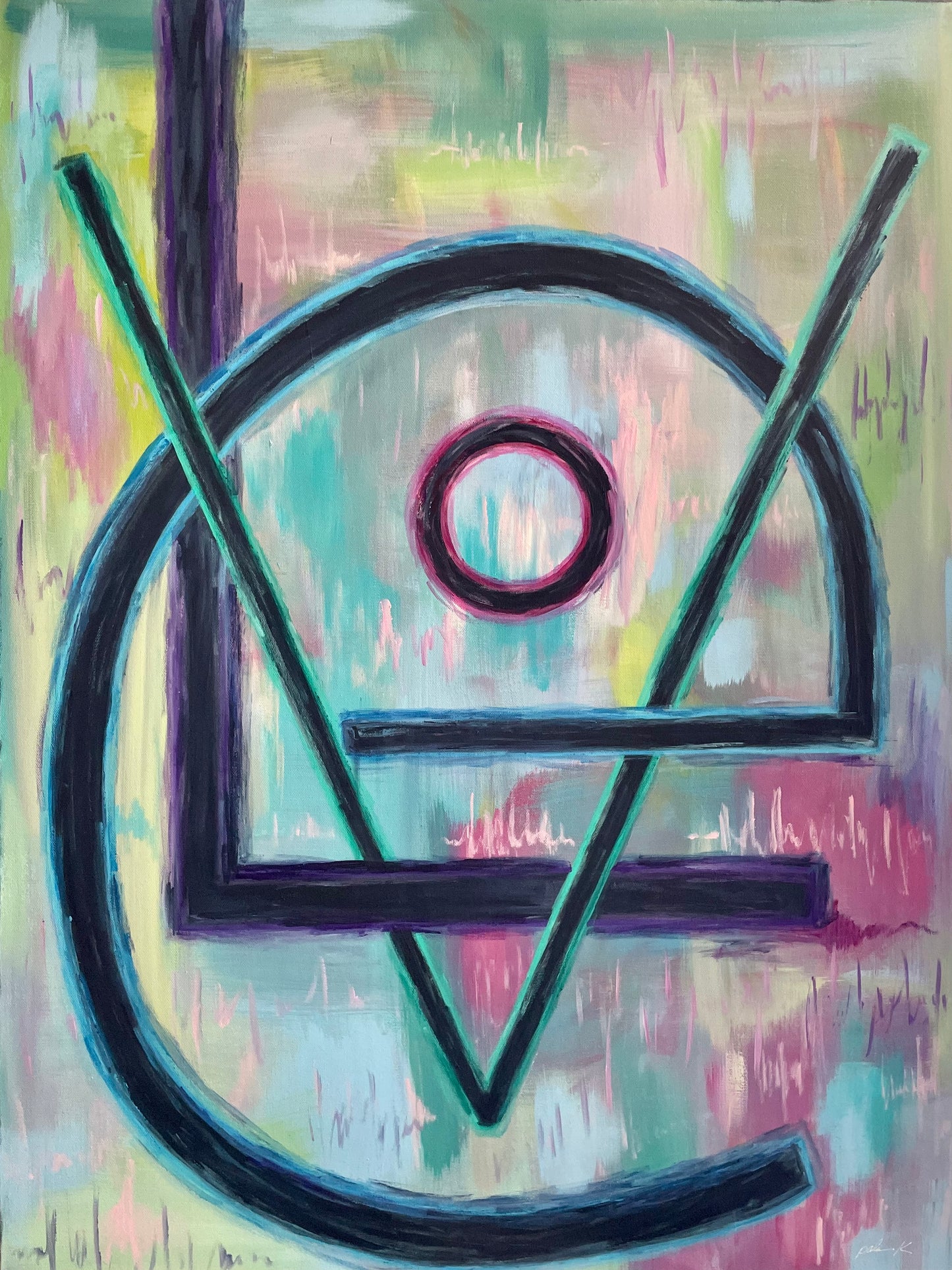 Painted on gallery-wrapped canvas, this statement piece brings modern warmth and emotional depth to any curated interior with its letters L-O-V-E intertwined. Perfect for collectors and design-forward spaces seeking art with meaning and presence.
"Love is a Vibe"
size: 40h x 30w x 1.5d
unframed with D rings and wire - ready to hang.