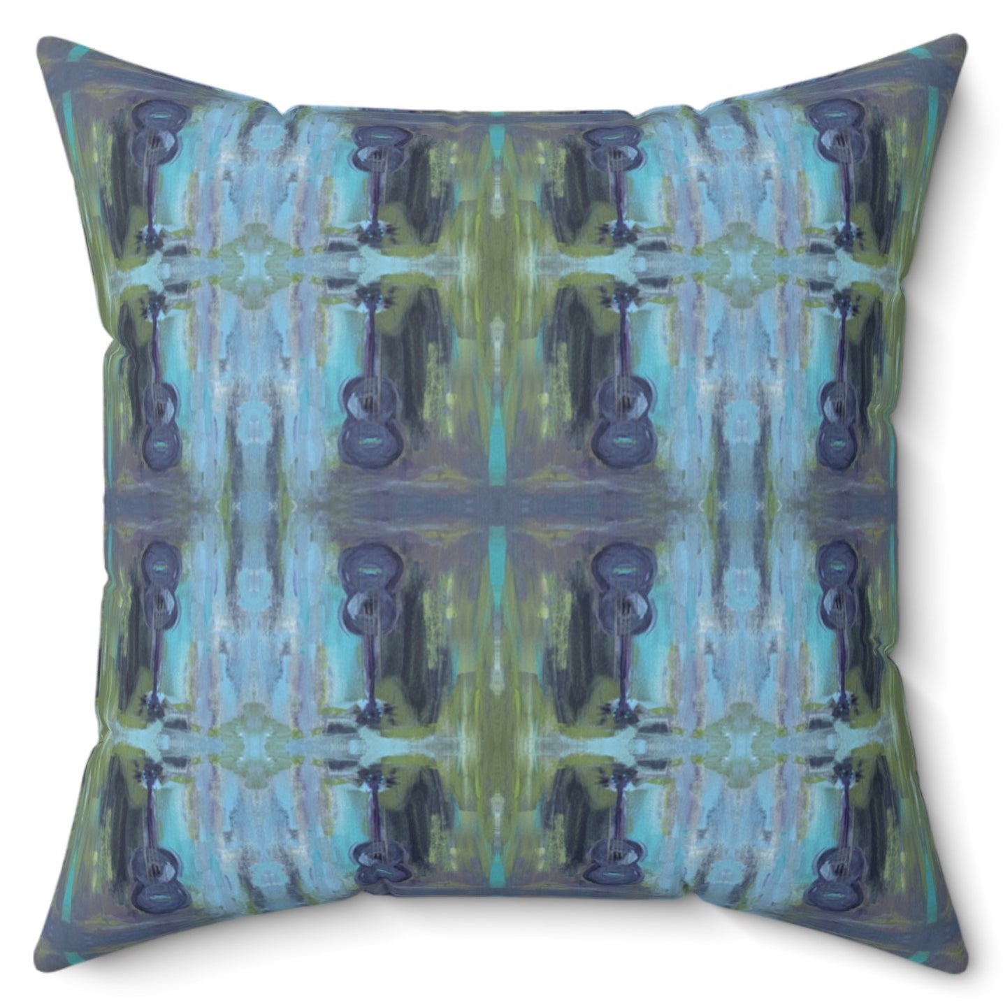 A square-shaped throw pillow with a pattern featuring abstract blue and green tones and the silhouette of an acoustic guitar.