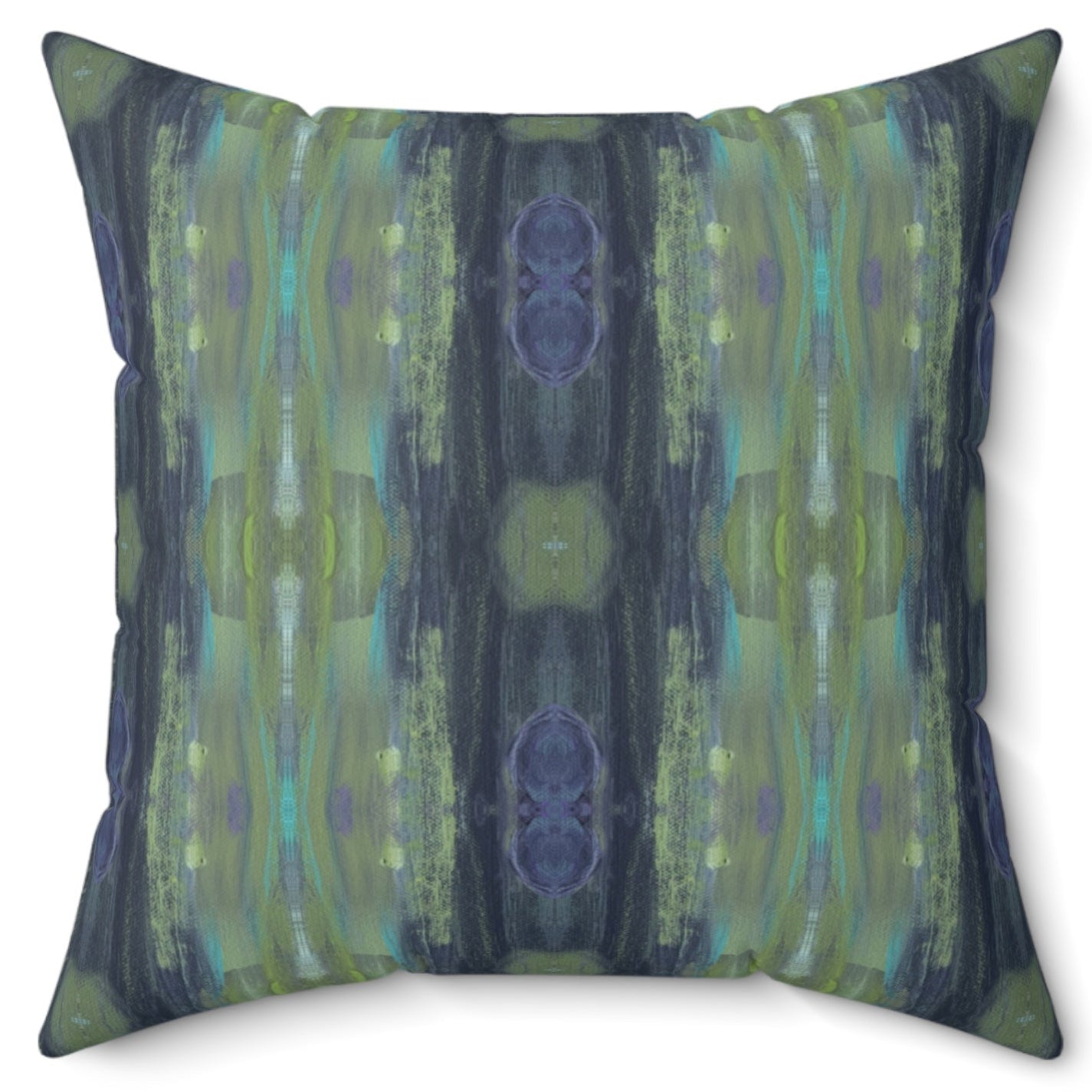 A square-shaped throw pillow with a geometric pattern featuring shades of green and blue.
