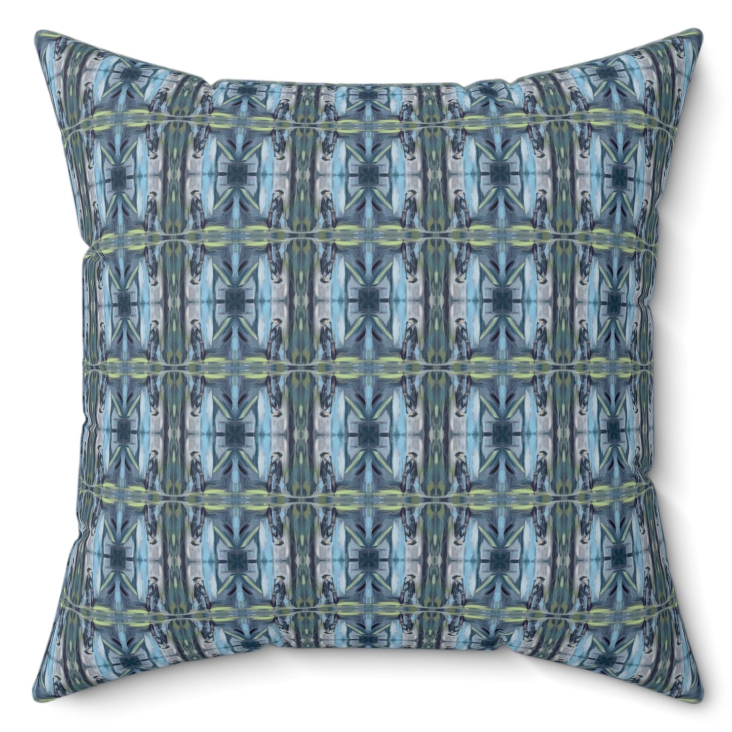 A square-shaped throw pillow with a patterned design featuring a standing double bass player, predominantly in blue and green shades, with a concealed zipper and knife edge finish.