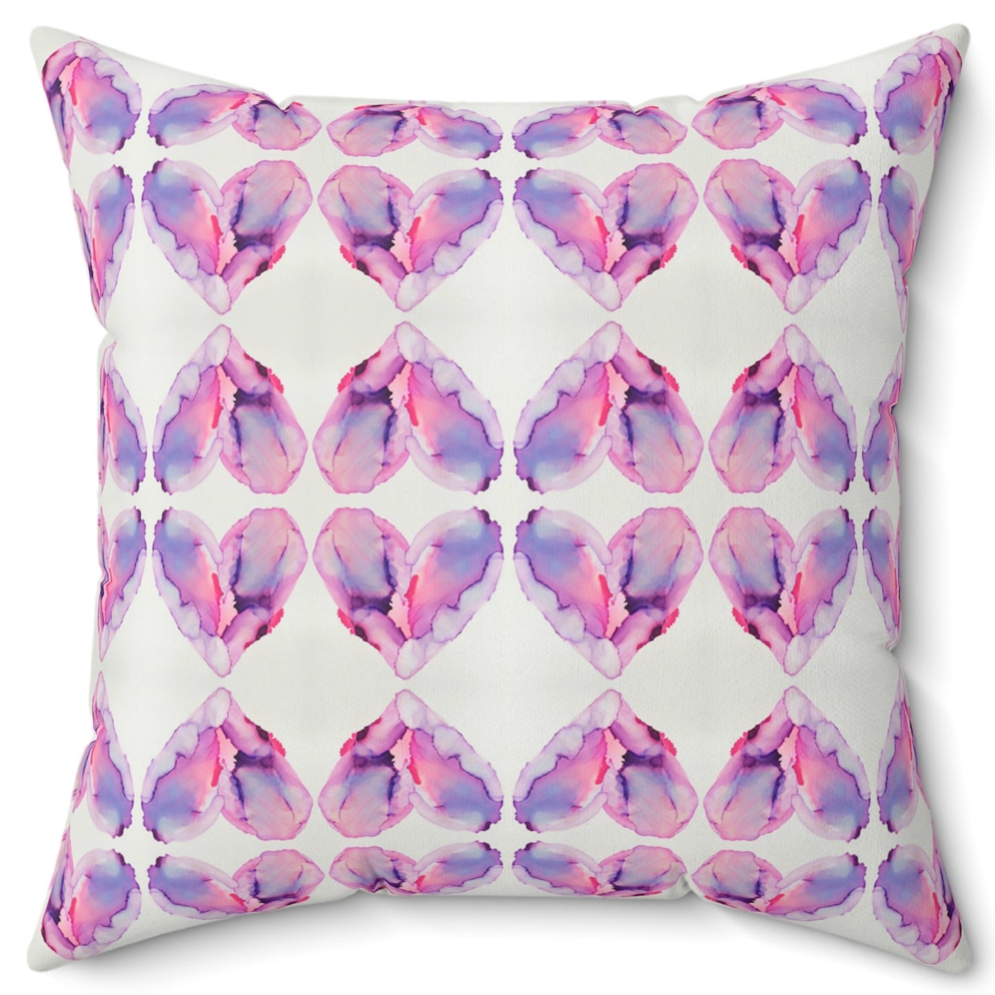 Square velvet pillow with a geometric pattern of pink hearts on a white background, with a concealed zipper.