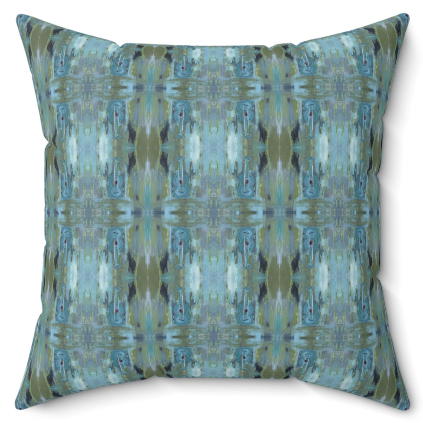 A square-shaped throw pillow with a geometric pattern featuring shades of blue and green, resembling a guitar design.