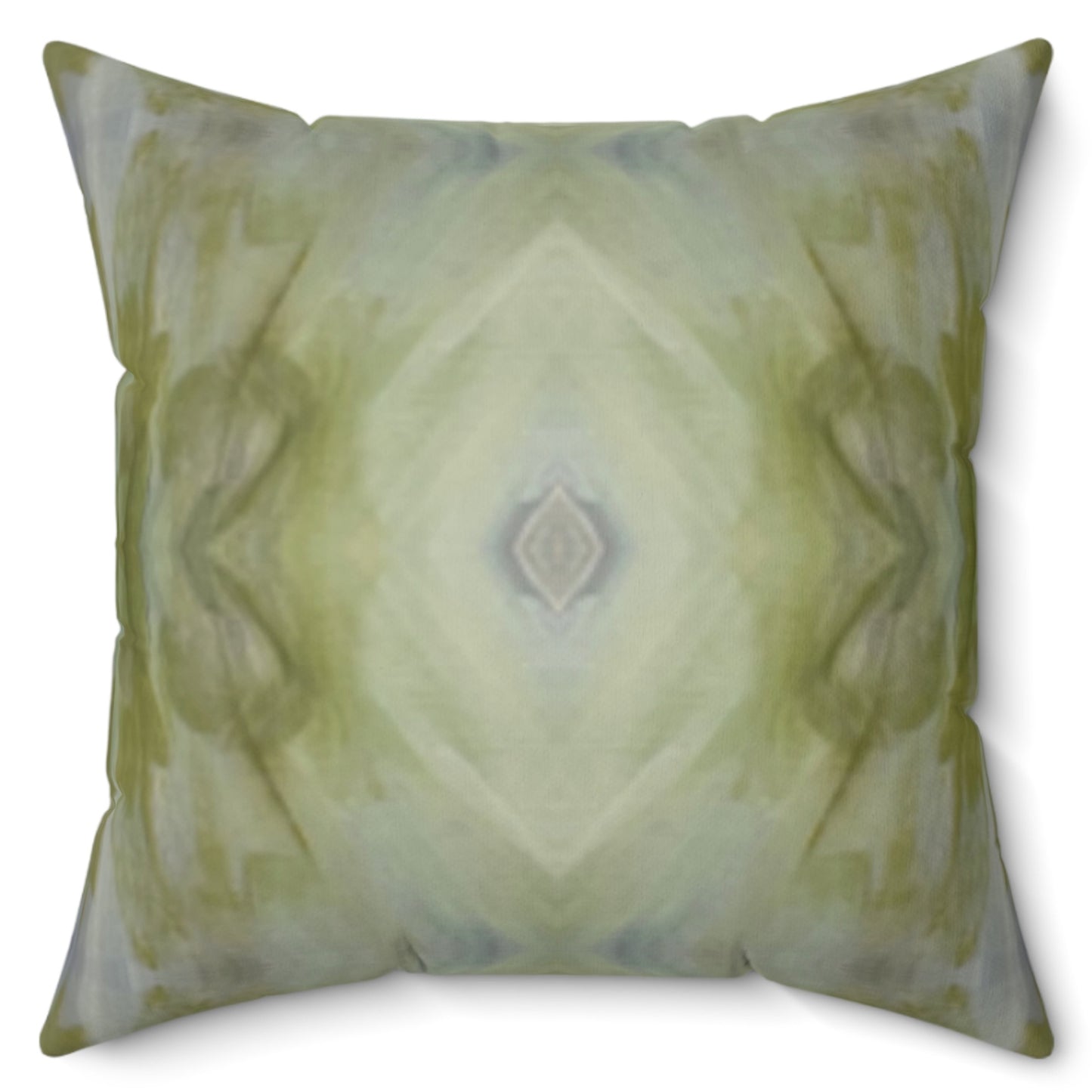 A square-shaped throw pillow with a geometric pattern in green and gray tones, featuring a concealed zipper and knife edge finish.