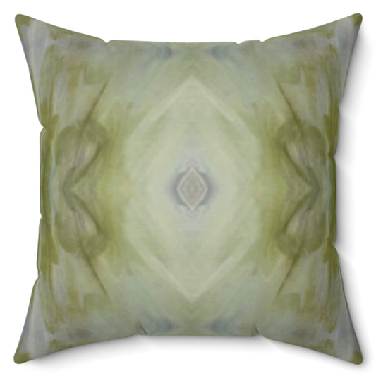 A square-shaped throw pillow with a geometric pattern in green and gray tones, featuring a concealed zipper and knife edge finish.