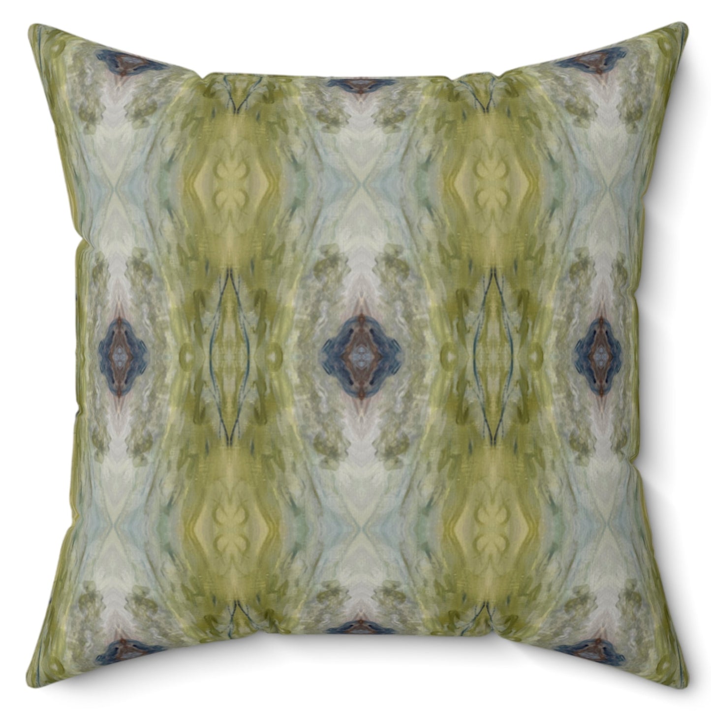 A square-shaped throw pillow with a baroque pattern featuring green and blue colors, with a knife edge finish.