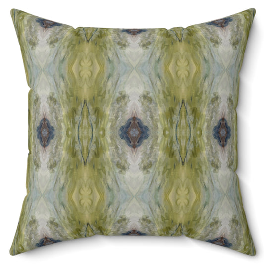 A square-shaped throw pillow with a baroque pattern featuring green and blue colors, with a knife edge finish.