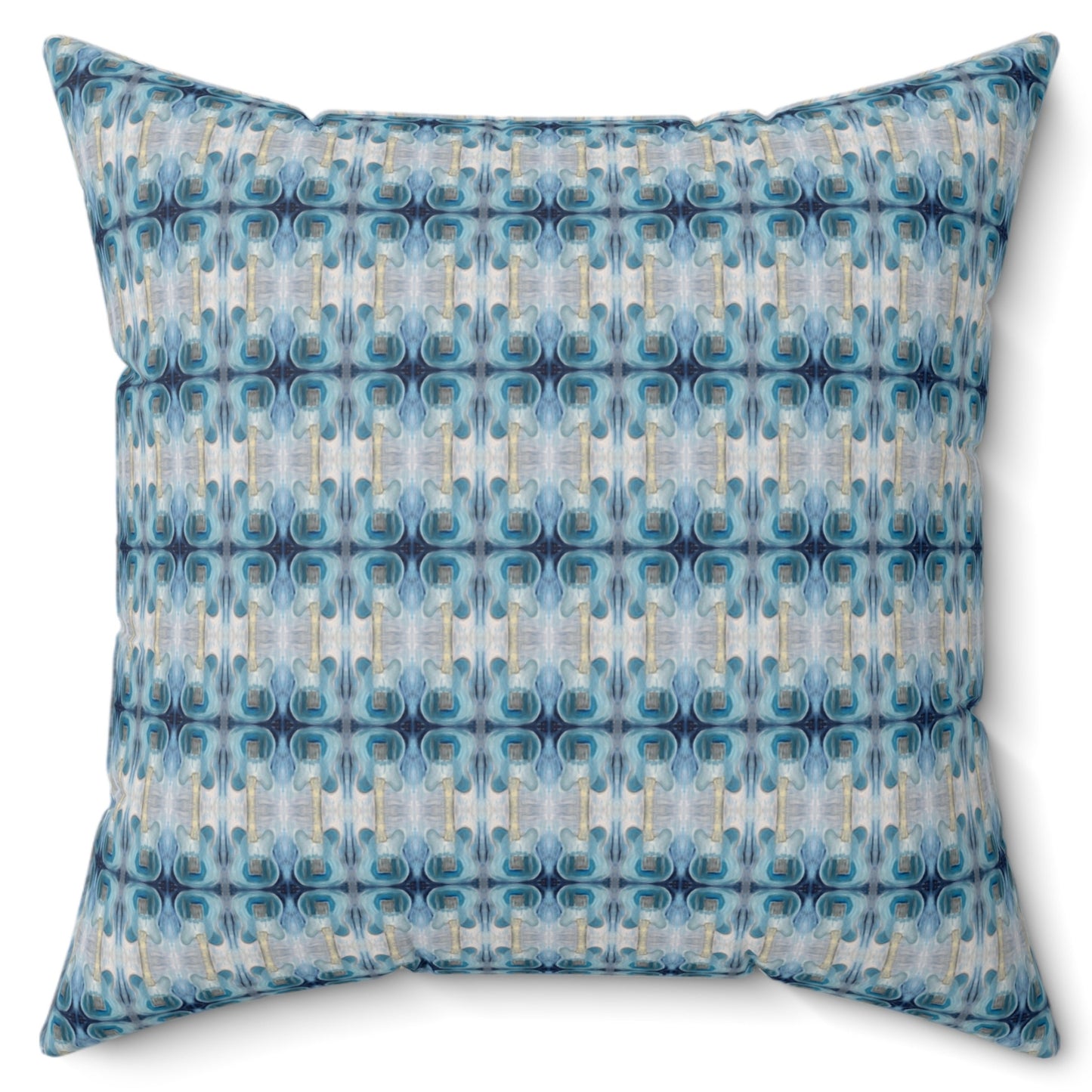A square-shaped throw pillow with a geometric pattern featuring shades of blue and white, with a concealed zipper and a knife edge finish.