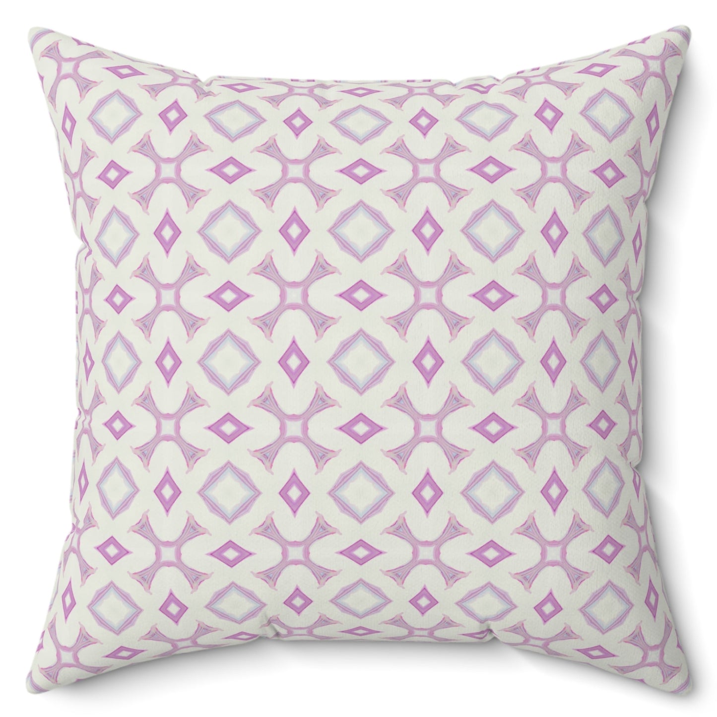 A square-shaped pillow with a geometric pattern featuring X's and O's in purple and white colors, with a hidden zipper and knife edge finish.