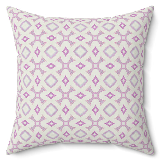 A square-shaped pillow with a geometric pattern featuring X's and O's in purple and white colors, with a hidden zipper and knife edge finish.