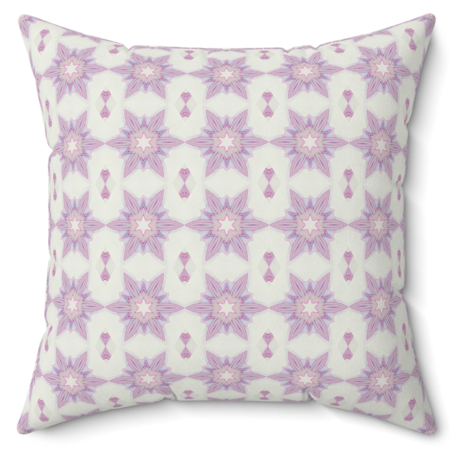 Square pillow with a pink and white snowflake pattern on a white background, featuring a concealed zipper.