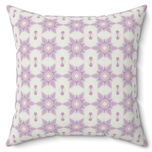 Square pillow with a pink and white snowflake pattern on a white background, featuring a concealed zipper.