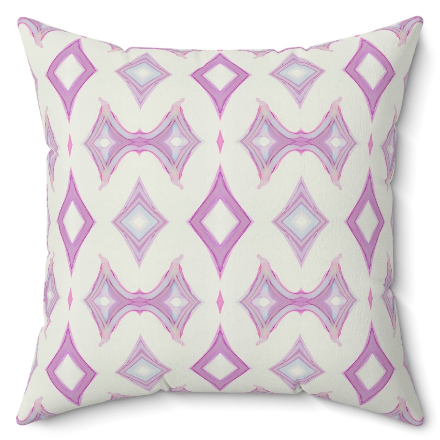 A square-shaped pillow with a white and purple pink double diamond pattern on a white background, featuring a concealed zipper and knife edge finish.