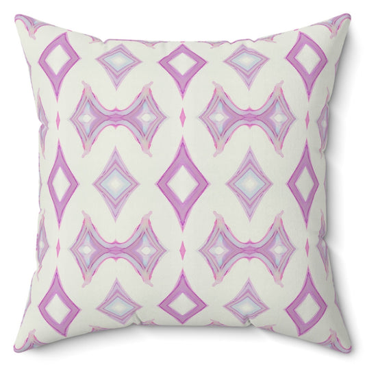 A square-shaped pillow with a white and purple pink double diamond pattern on a white background, featuring a concealed zipper and knife edge finish.