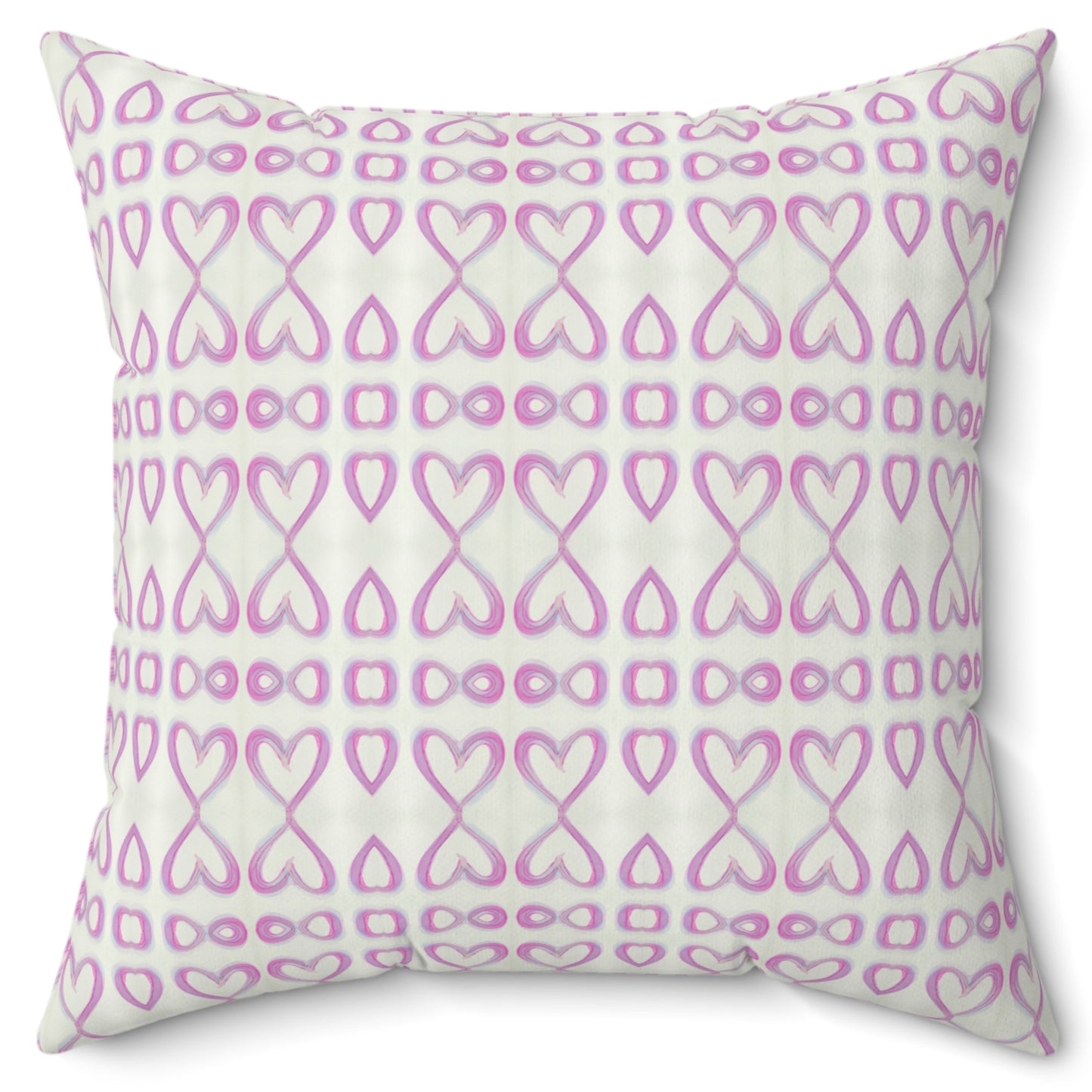 A square-shaped throw pillow with a pattern of open pink hearts on a white background.