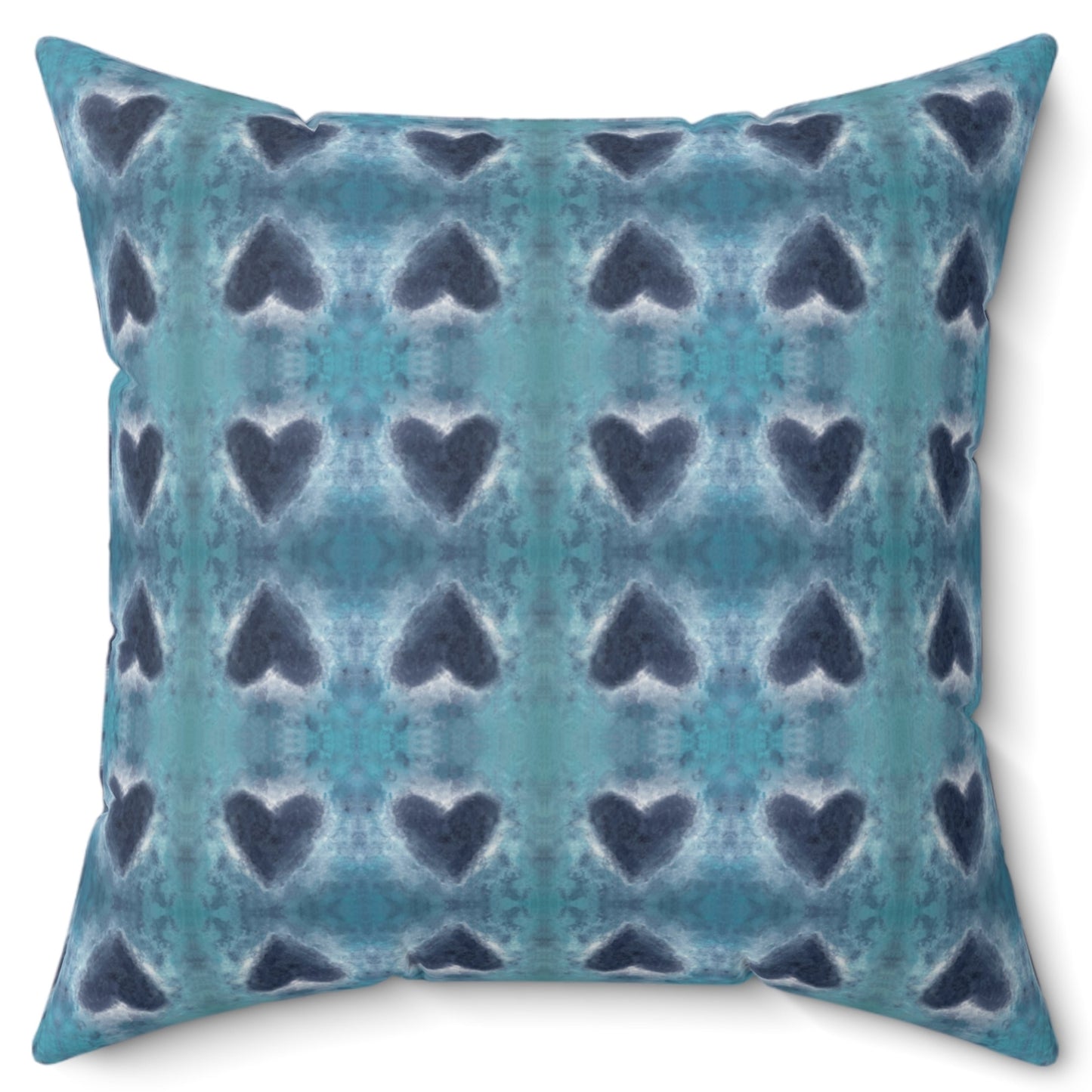 A square-shaped throw pillow with a pattern of midnight blue hearts and a knife edge finish on a white background.