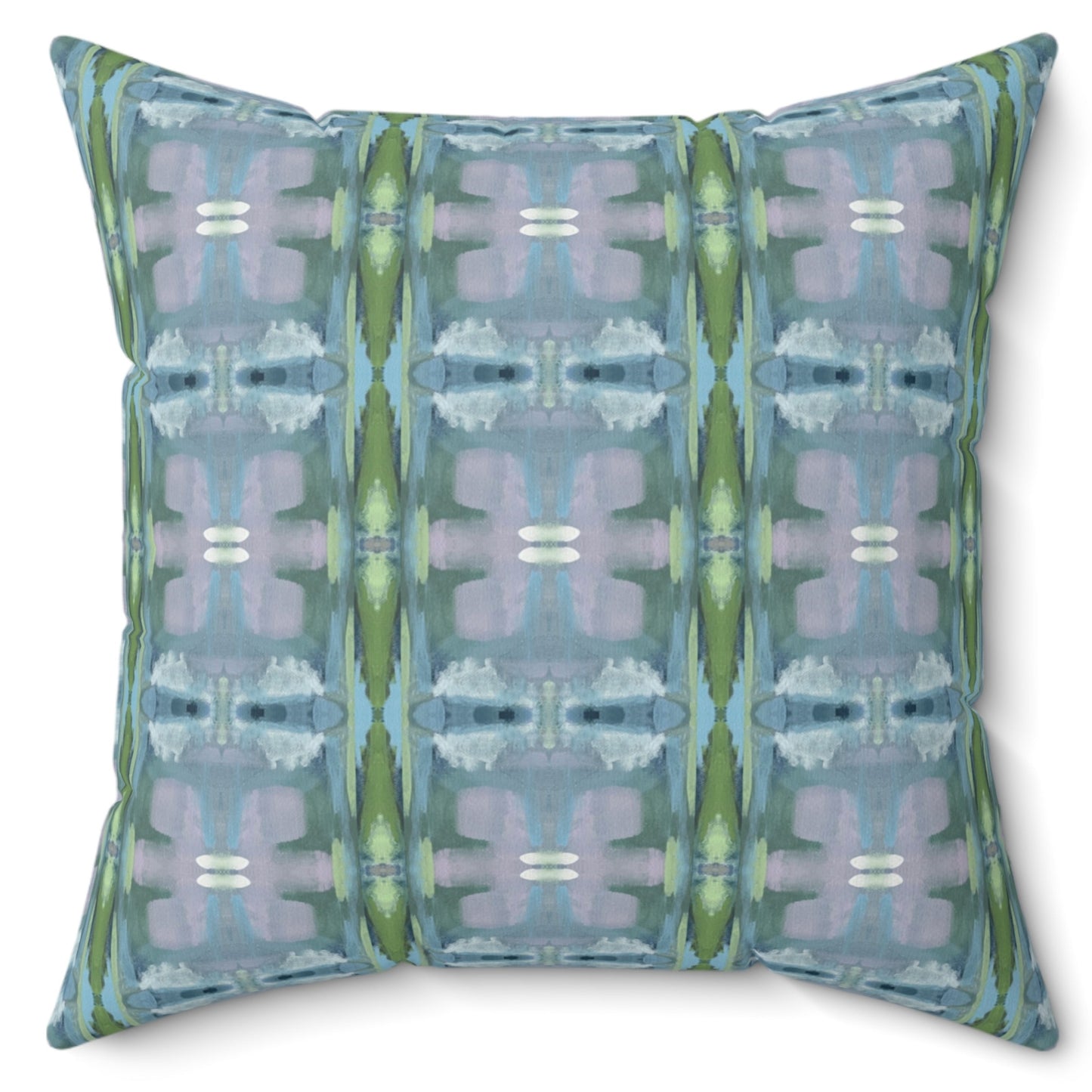 A square-shaped pillow with a two-sided print featuring geometric patterns in shades of blue and green, with a concealed zipper and a silky soft poly velvet cover.