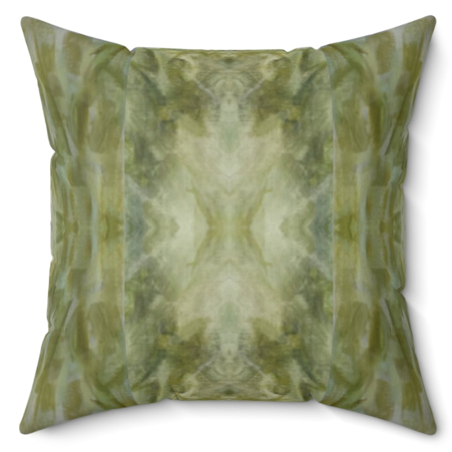 A square-shaped throw pillow with a green and beige marbled pattern and a concealed zipper.
