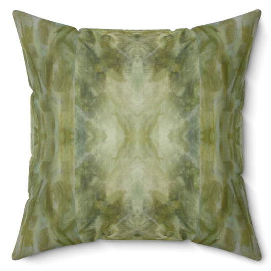 A square-shaped throw pillow with a green and beige marbled pattern and a concealed zipper.