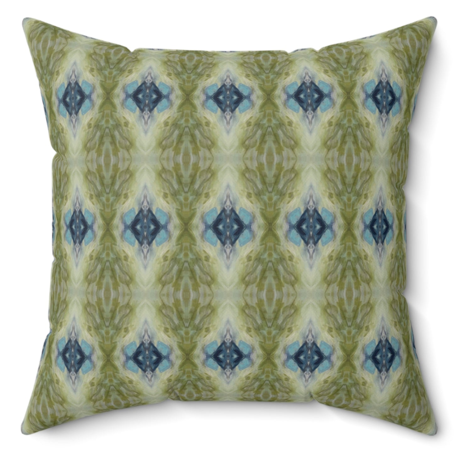 Decorative pillow with green and blue pattern on a white background