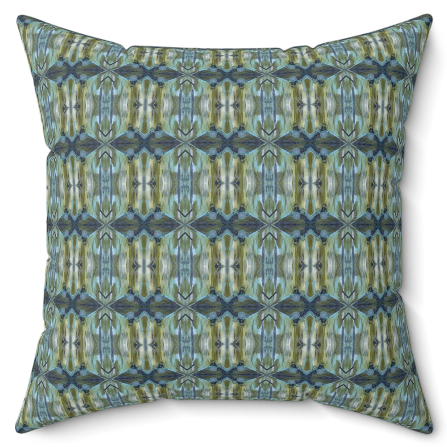 A square-shaped throw pillow with a geometric pattern featuring shades of blue and green.