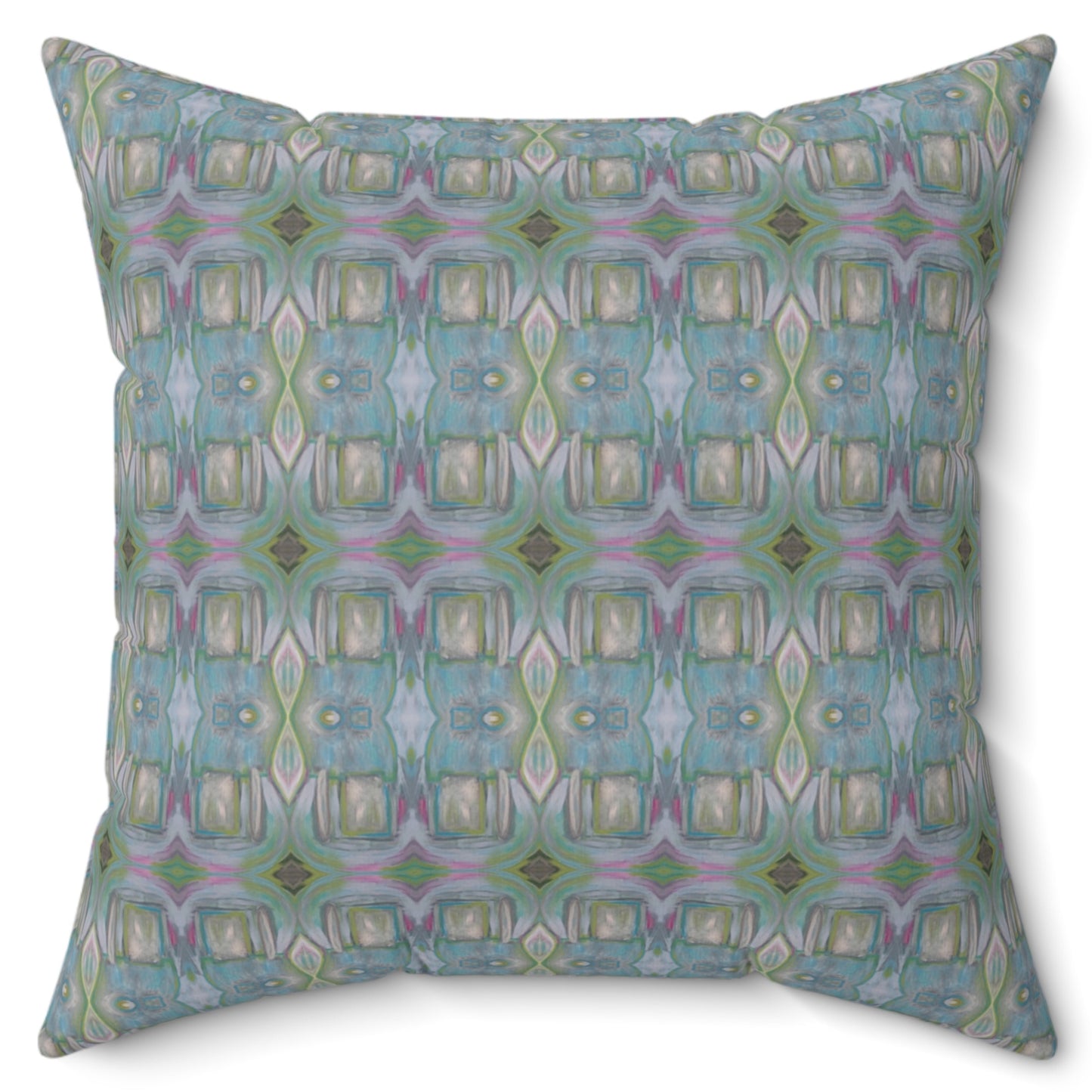 A square-shaped throw pillow with a geometric pattern featuring shades of blue and green.