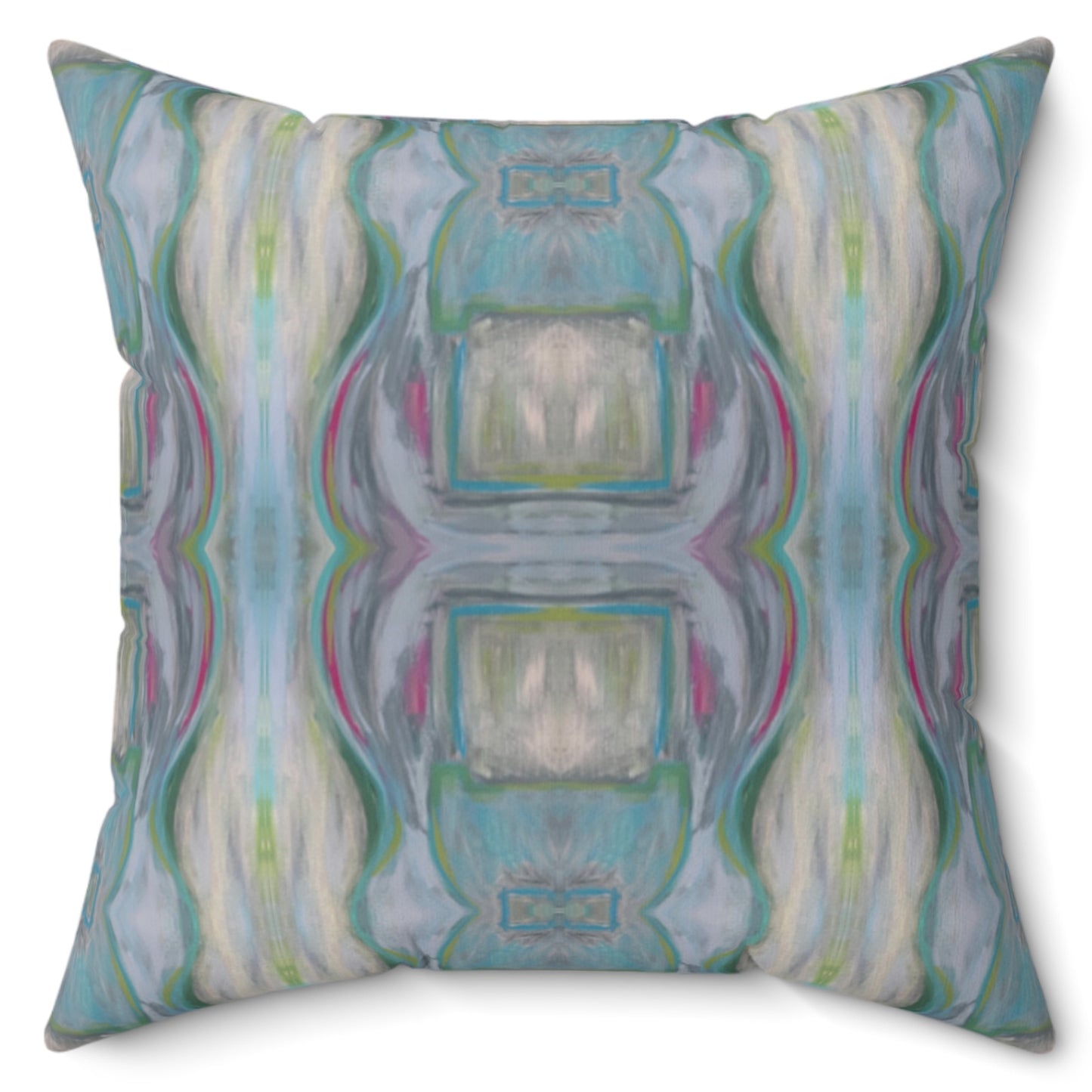 A square-shaped throw pillow with a multicolored geometric pattern featuring shades of blue and green.