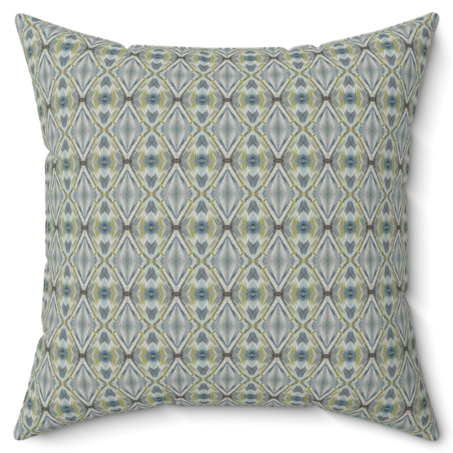 A square-shaped throw pillow with a geometric lattice pattern in a color scheme that includes green and blue, with a soft poly velvet cover.