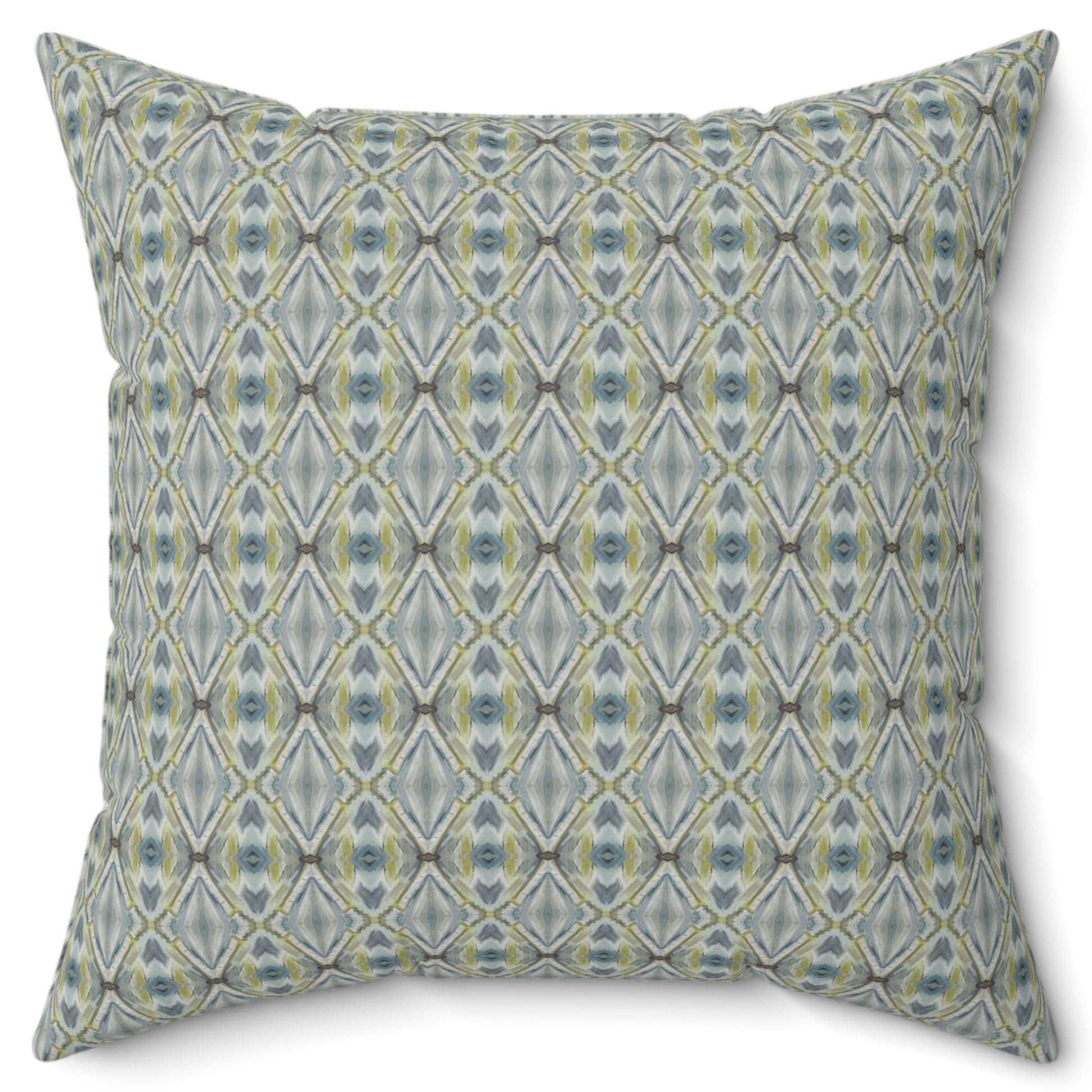 A square-shaped throw pillow with a geometric lattice pattern in a color scheme that includes green and blue, with a soft poly velvet cover.