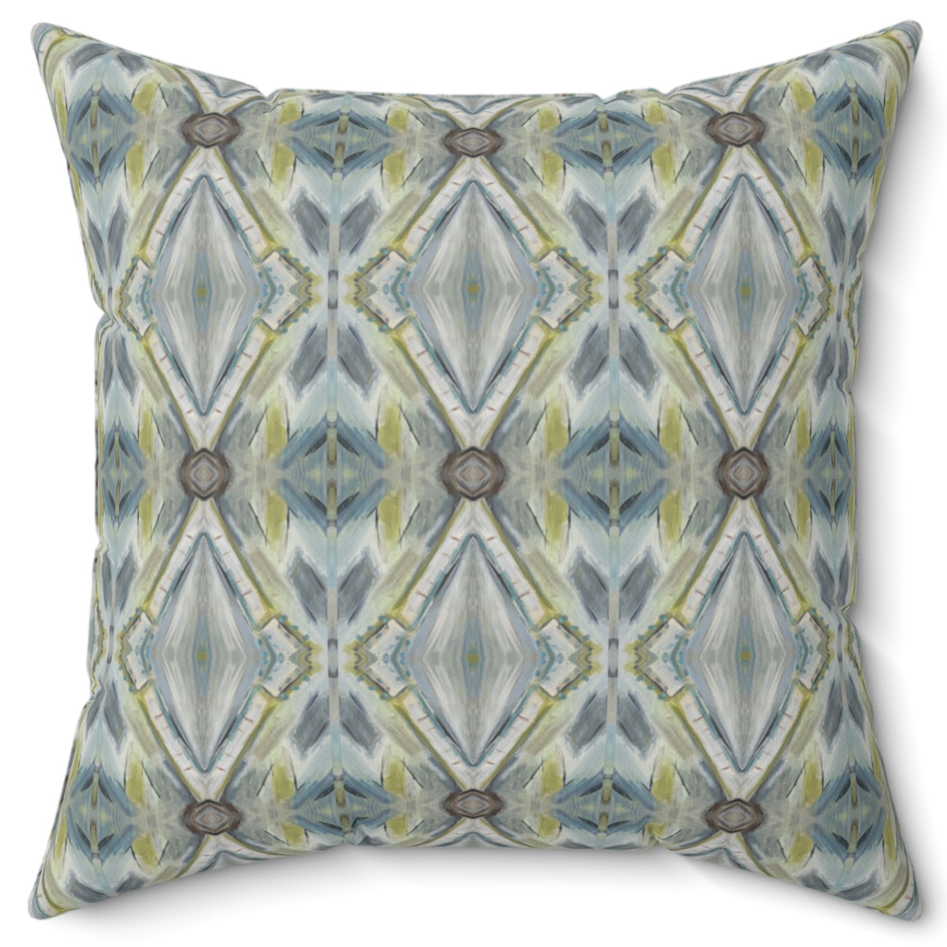 A square-shaped throw pillow with a geometric lattice pattern featuring shades of blue and green.