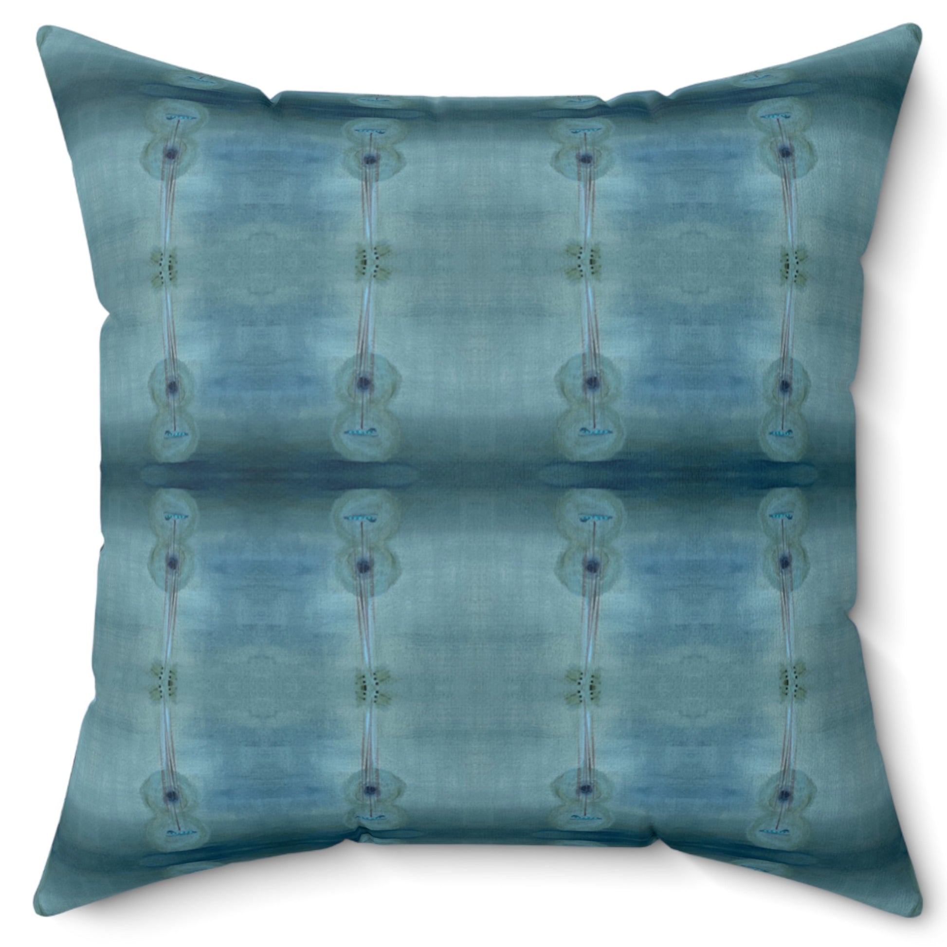 A square-shaped throw pillow with a blue patterned design, featuring a concealed zipper and a knife edge finish.