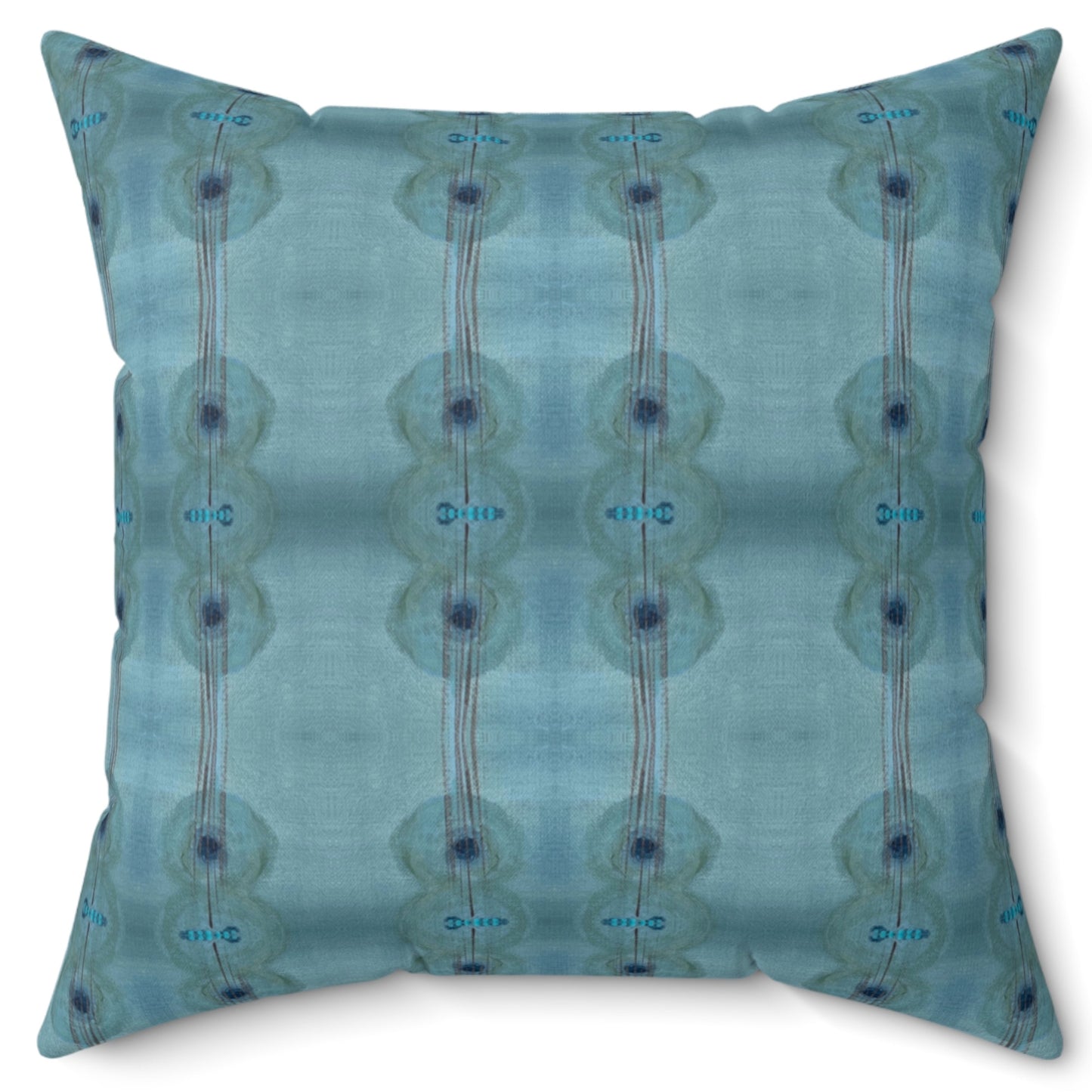 A square-shaped throw pillow with a blue and white geometric pattern, featuring a concealed zipper and a poly velvet cover.