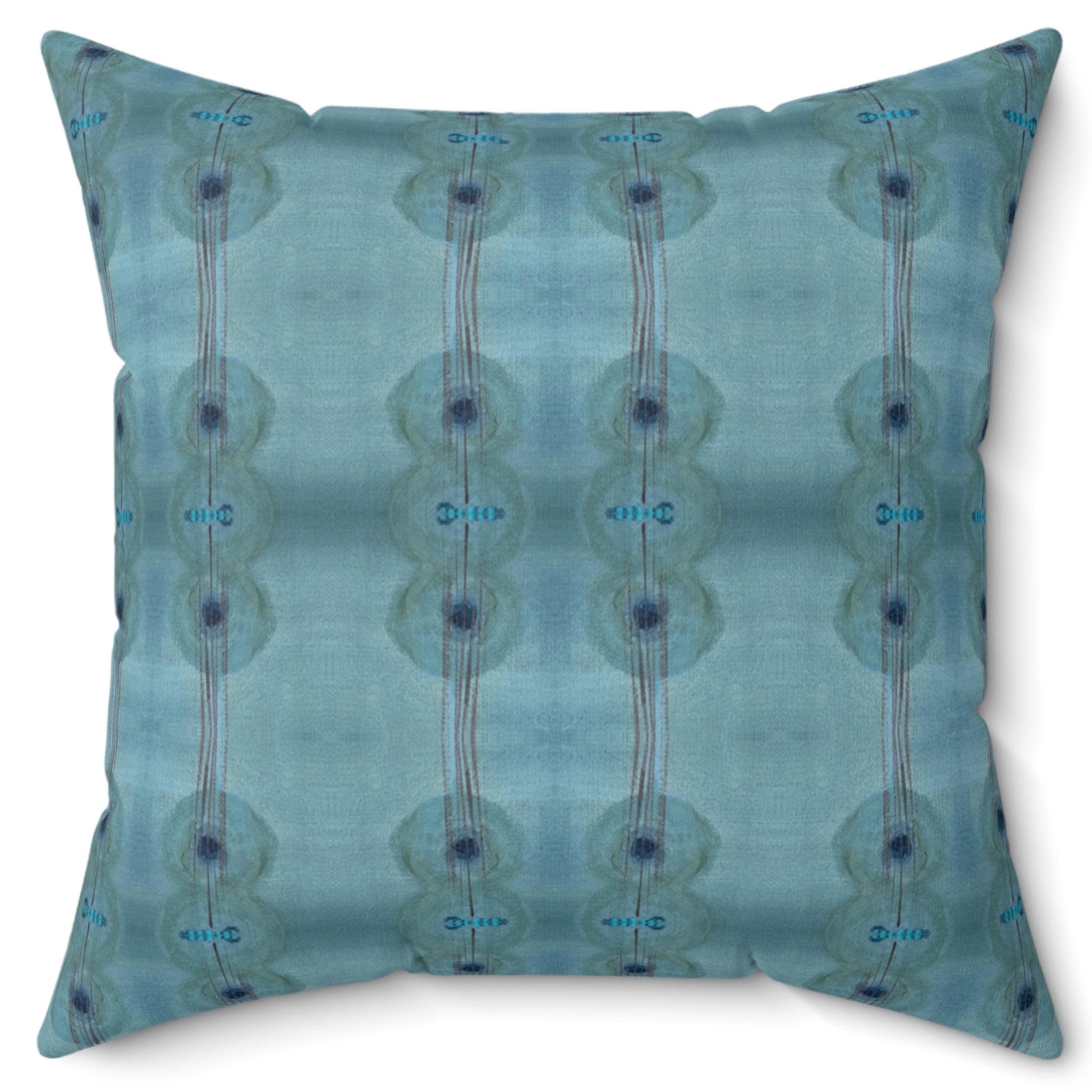 A square-shaped throw pillow with a blue and white geometric pattern, featuring a concealed zipper and a poly velvet cover.