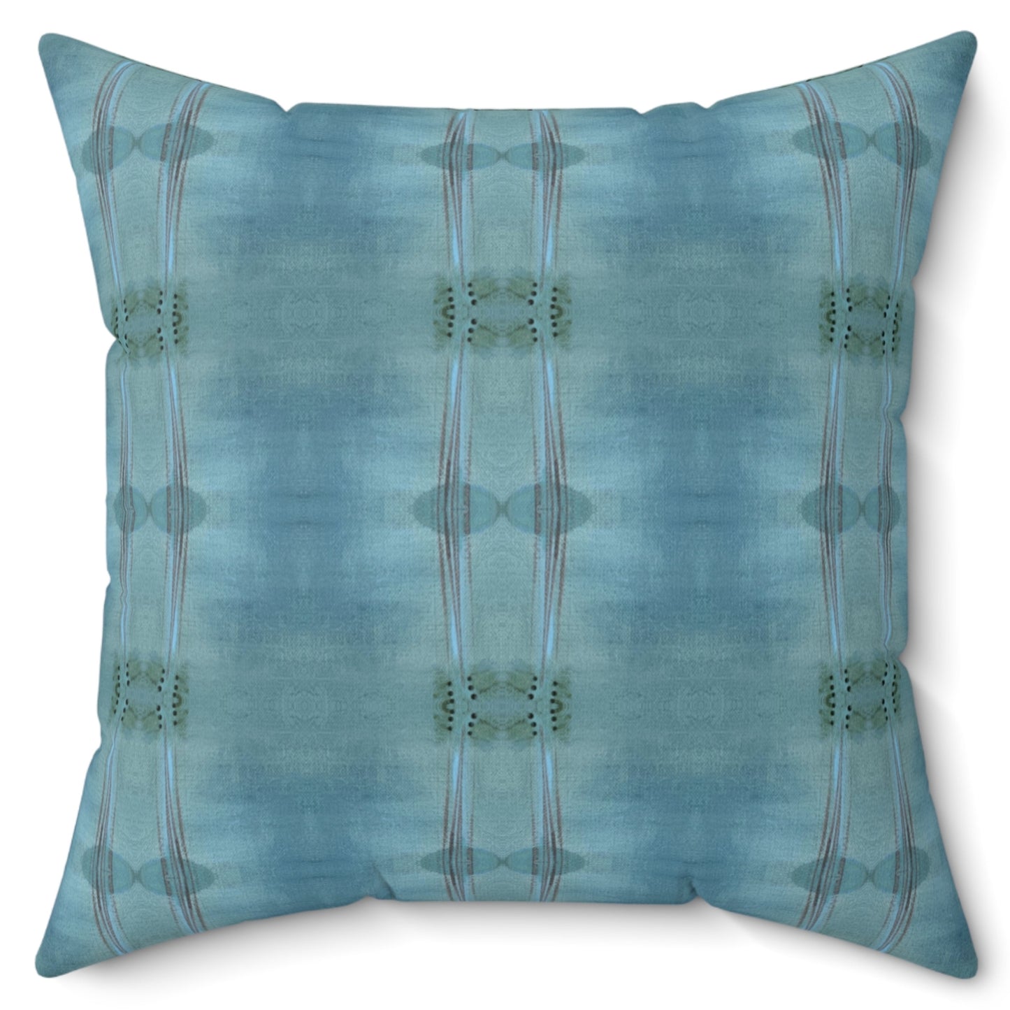 A square-shaped throw pillow with a two-sided blue and white geometric pattern, featuring a concealed zipper and a knife edge finish.