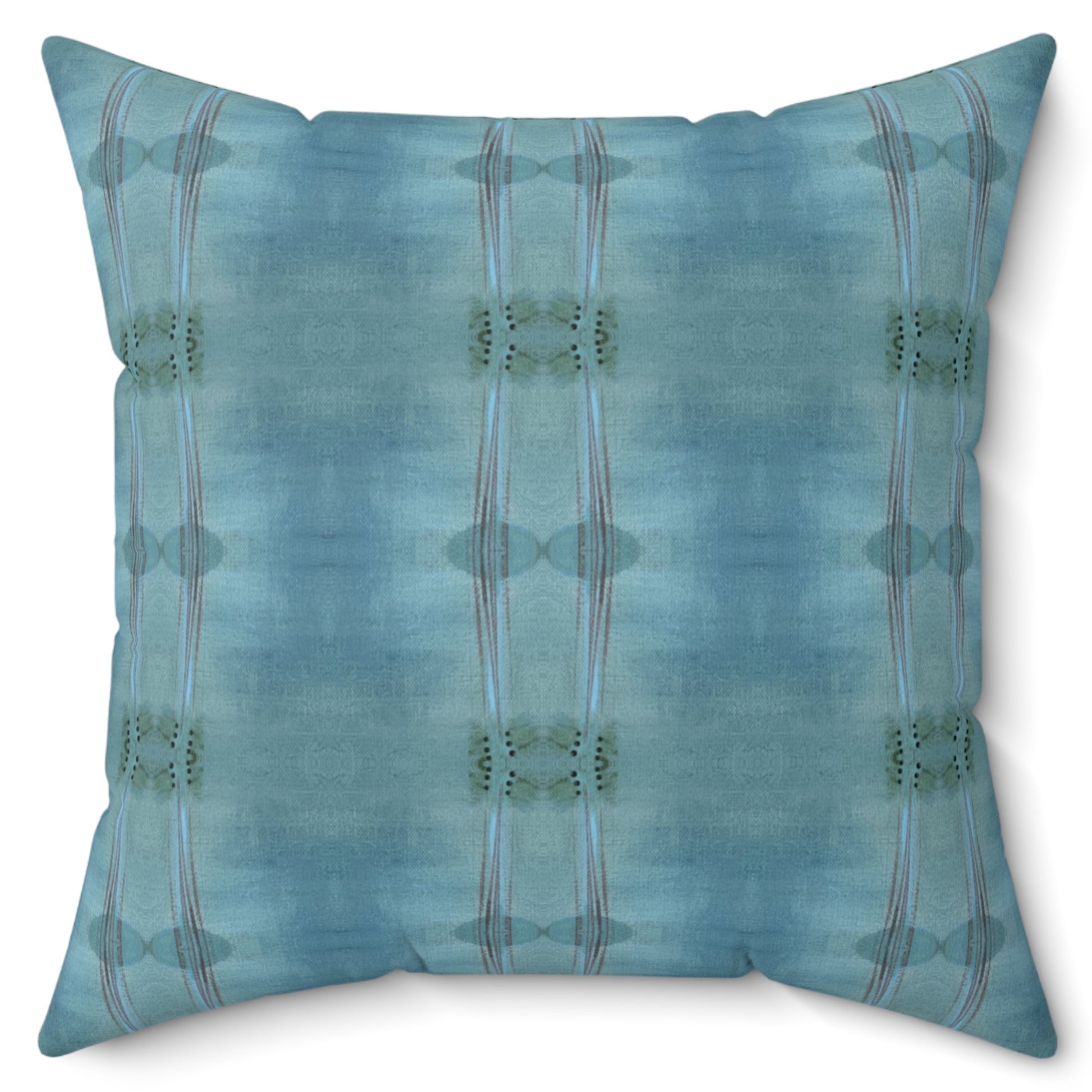 A square-shaped throw pillow with a two-sided blue and white geometric pattern, featuring a concealed zipper and a knife edge finish.