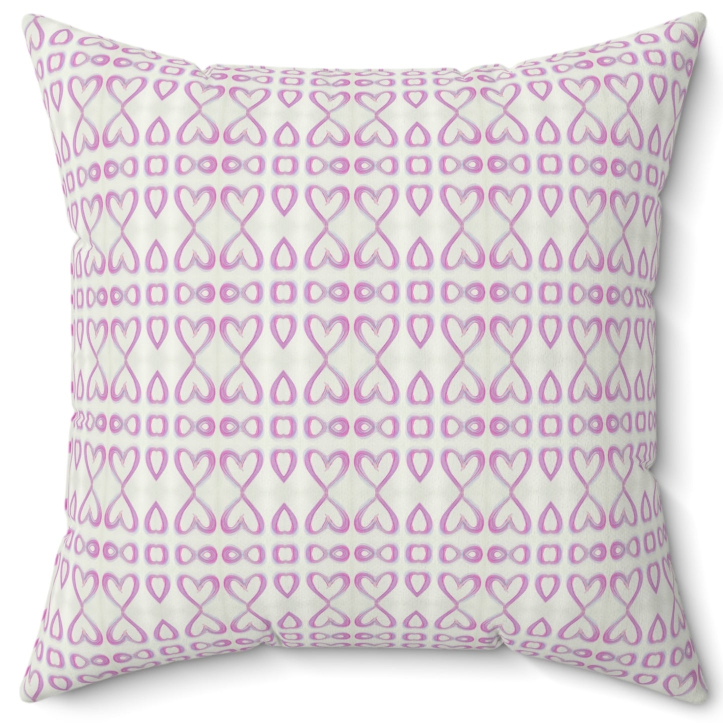 A square-shaped throw pillow with a pattern of open pink hearts on a white background.