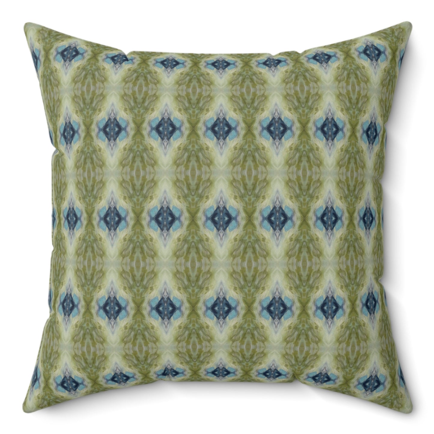 A square-shaped throw pillow with a green and blue geometric pattern and a concealed zipper.