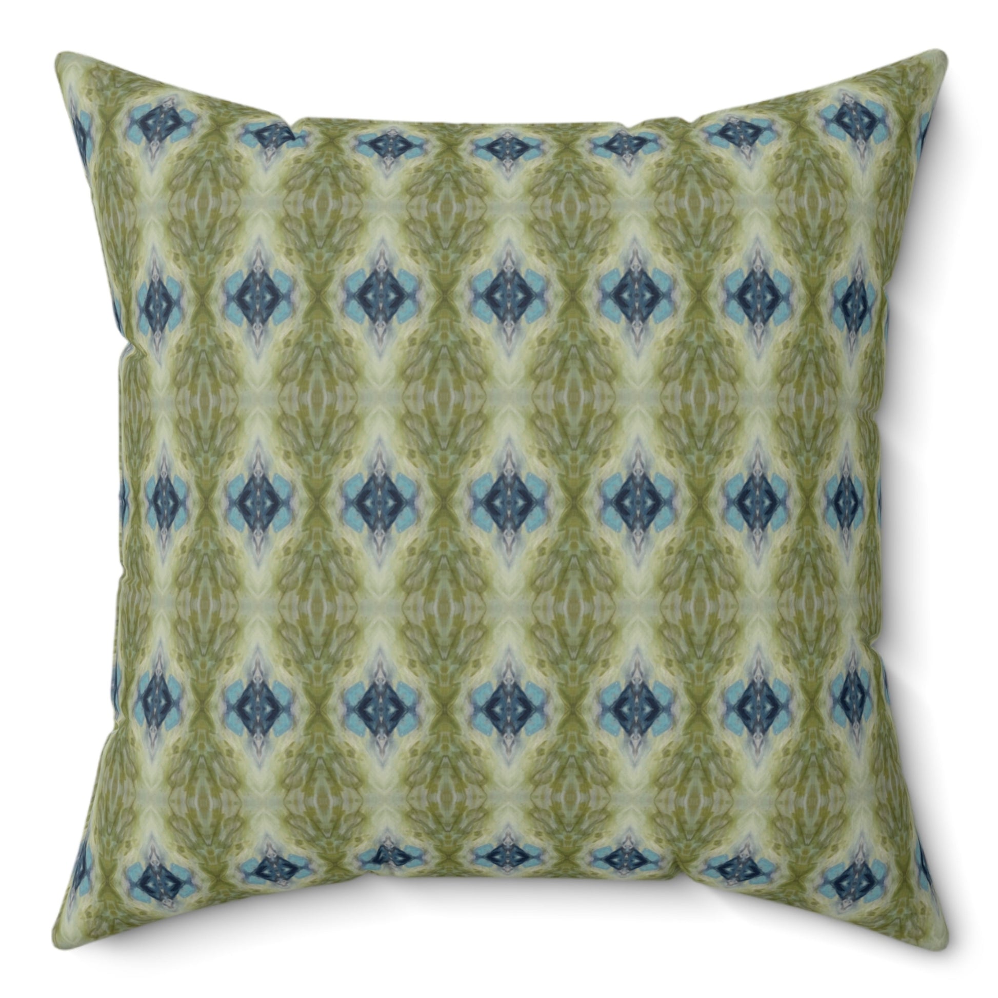 A square-shaped throw pillow with a green and blue geometric pattern and a concealed zipper.