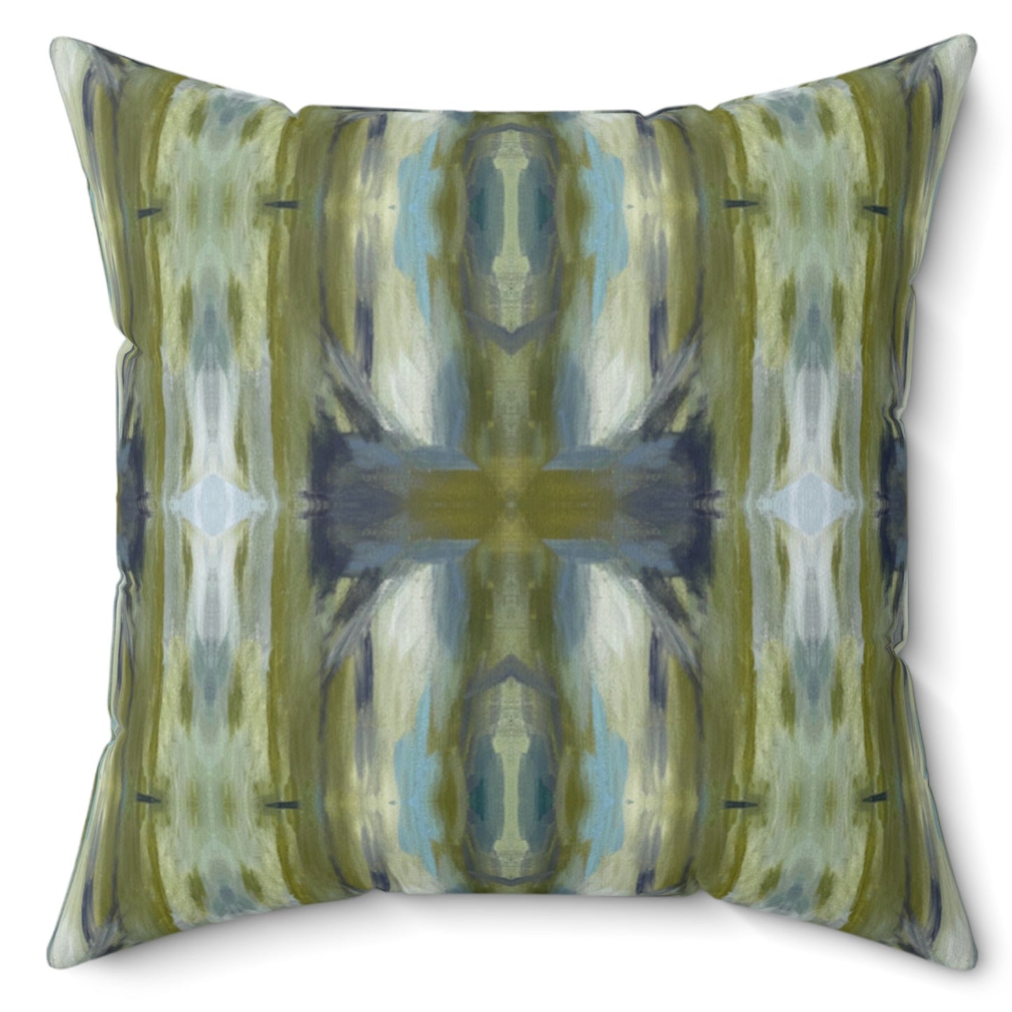 A square-shaped throw pillow with a geometric pattern featuring shades of green and blue, with a concealed zipper and a knife edge finish.
