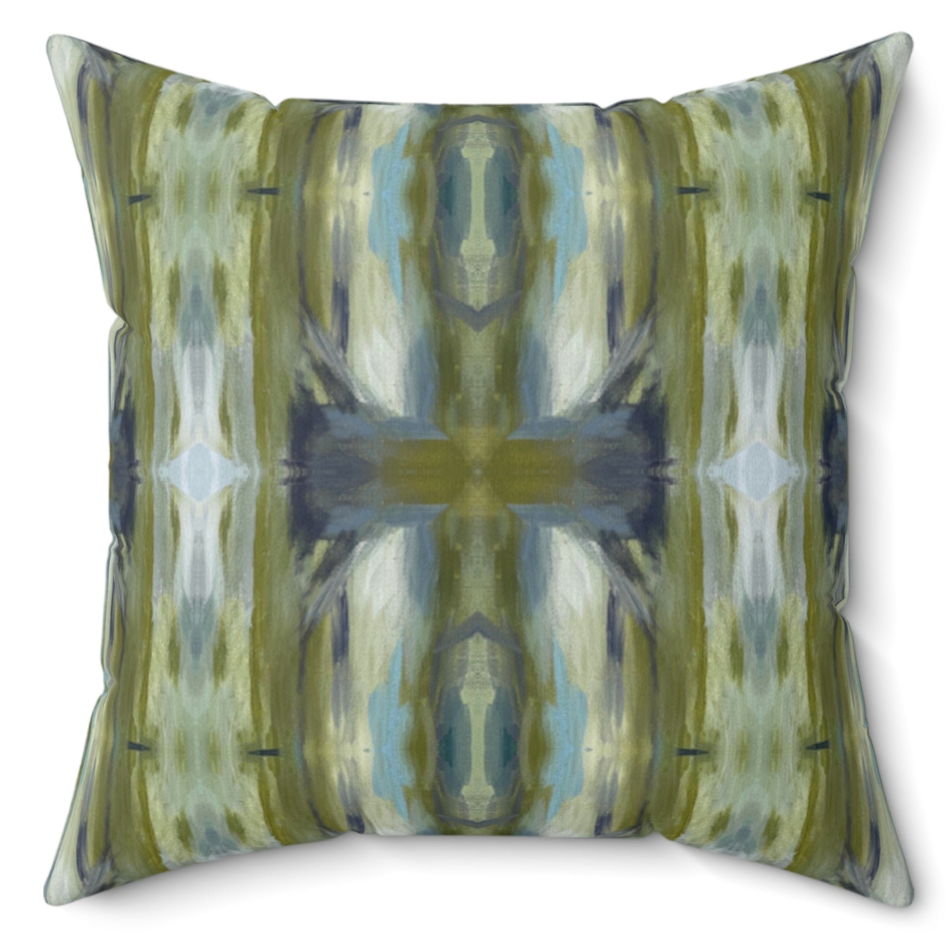 A square-shaped throw pillow with a geometric pattern featuring shades of green and blue, with a concealed zipper and a knife edge finish.