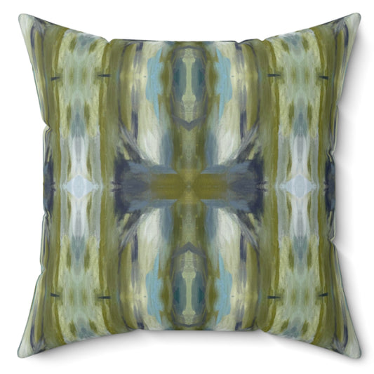 A square-shaped throw pillow with a geometric pattern featuring shades of green and blue, with a concealed zipper and a knife edge finish.