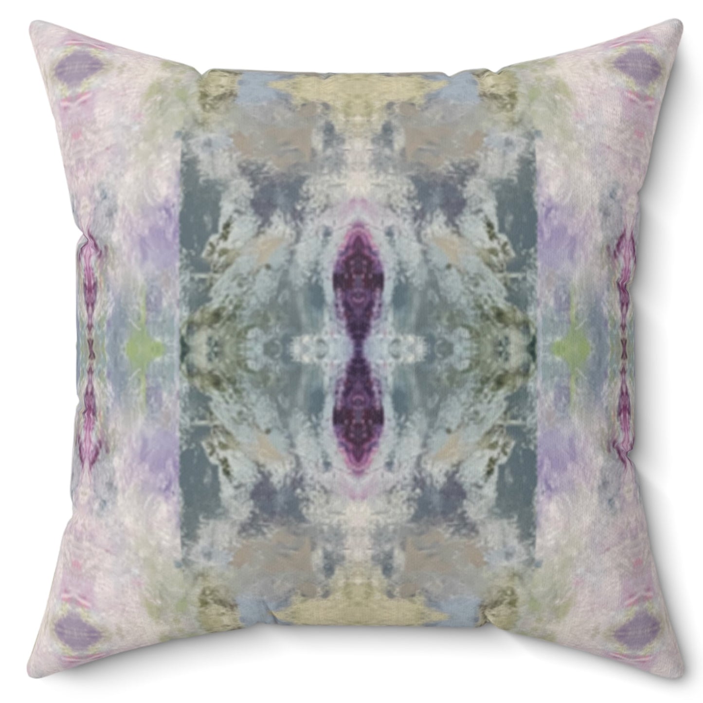 A square-shaped throw pillow with a multicolored abstract pattern, featuring lighter shades of purple, green, and gray, with a concealed zipper and a knife edge finish.
