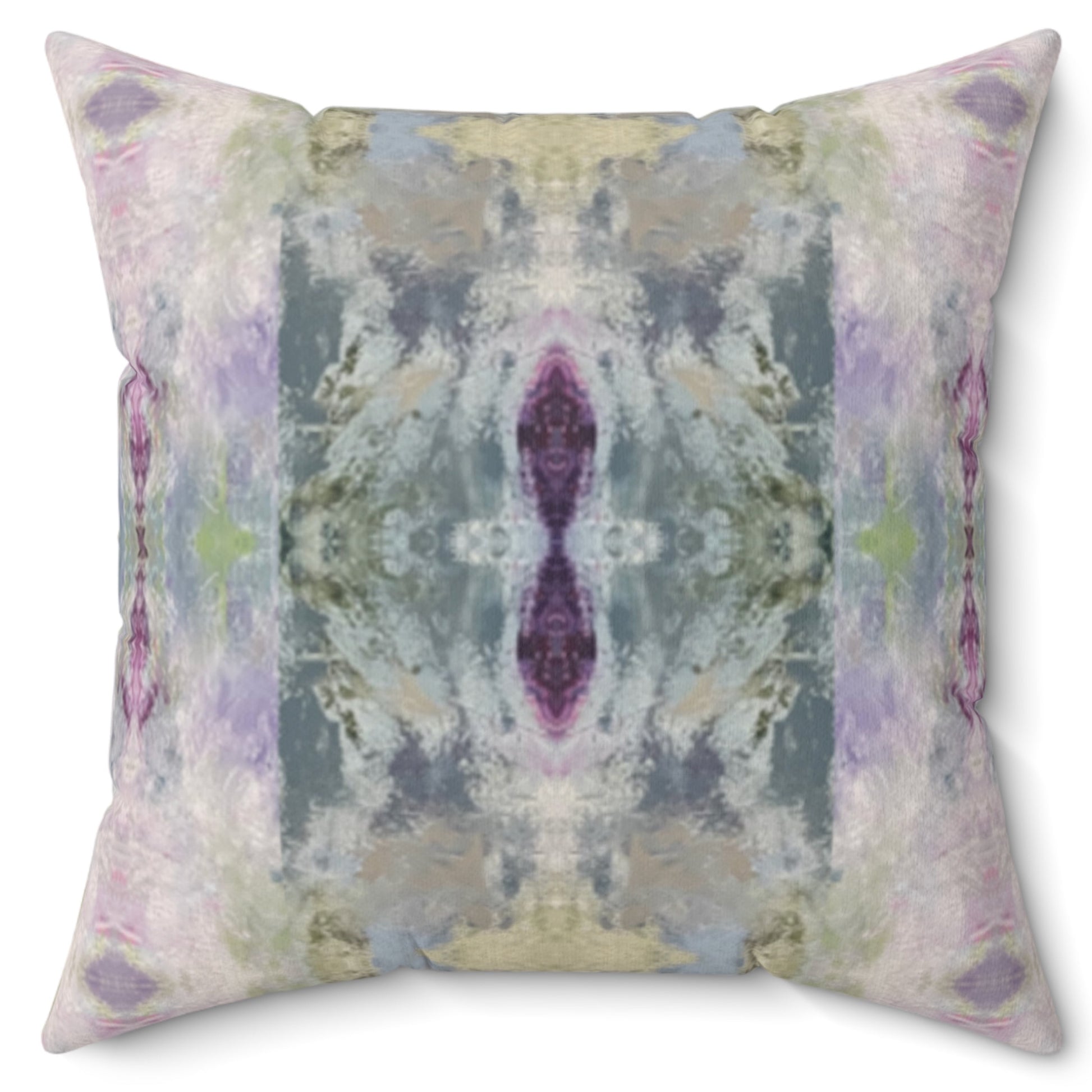 A square-shaped throw pillow with a multicolored abstract pattern, featuring lighter shades of purple, green, and gray, with a concealed zipper and a knife edge finish.