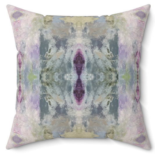 A square-shaped throw pillow with a multicolored abstract pattern, featuring lighter shades of purple, green, and gray, with a concealed zipper and a knife edge finish.