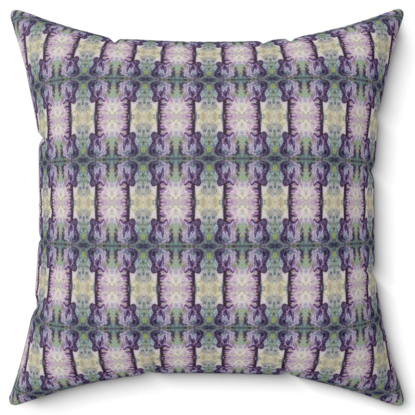 A square-shaped pillow with a geometric pattern featuring shades of purple, green, and beige, resembling a Telecaster guitar design.