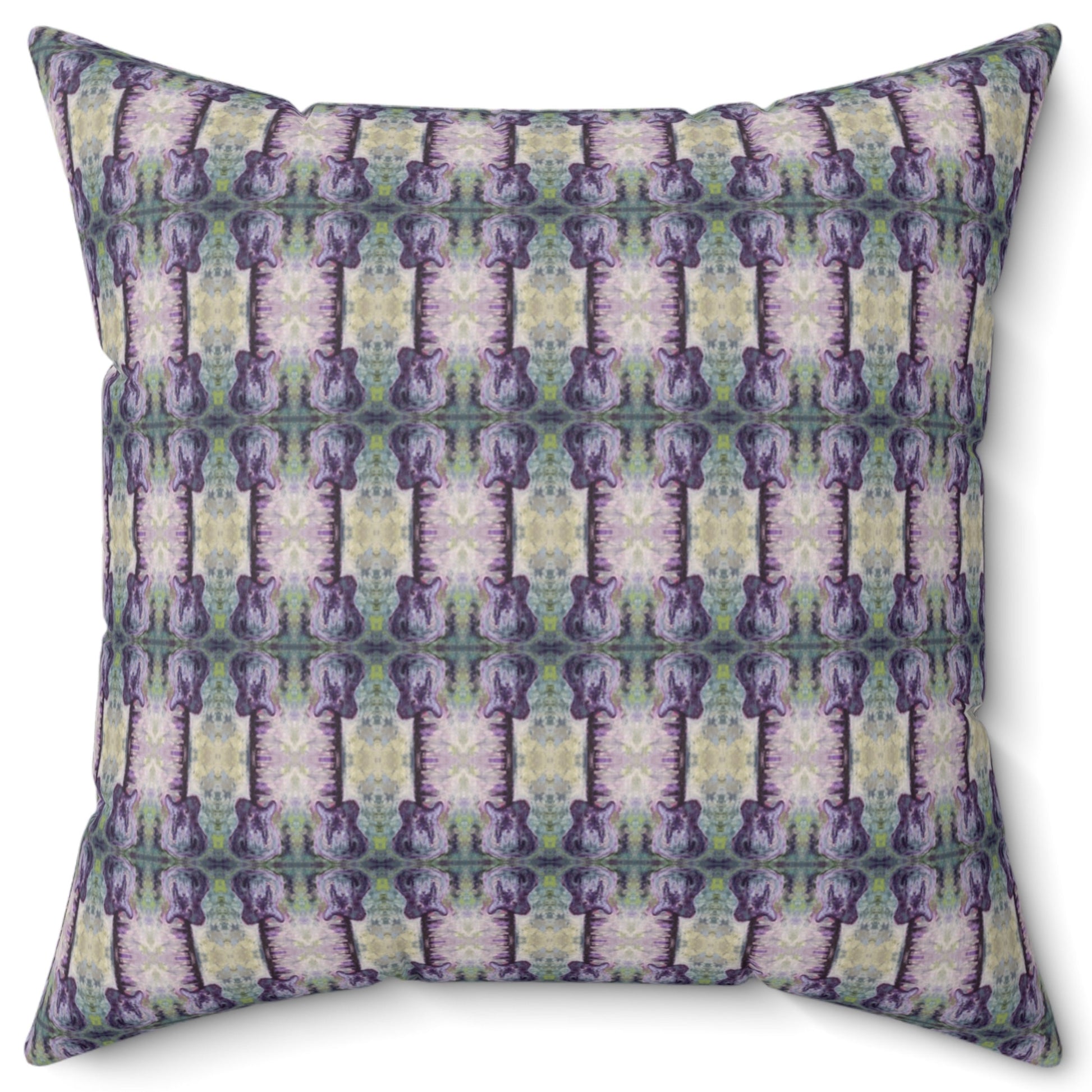 A square-shaped pillow with a geometric pattern featuring shades of purple, green, and beige, resembling a Telecaster guitar design.