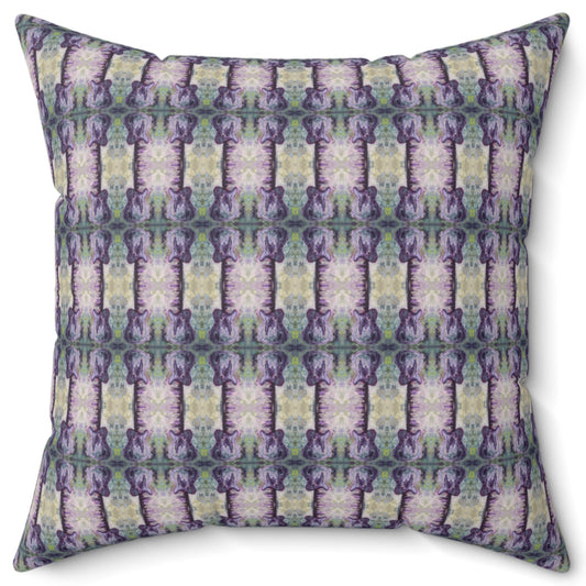 A square-shaped pillow with a geometric pattern featuring shades of purple, green, and beige, resembling a Telecaster guitar design.