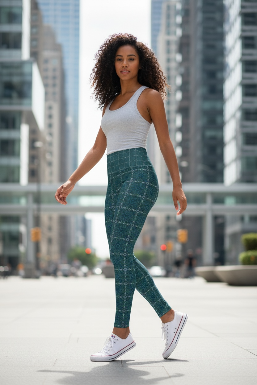 High Waisted Yoga Leggings - Compass Plaid (RA/P12)